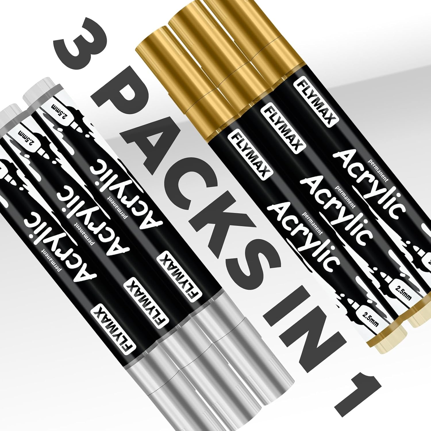FLYMAX Grey Marker Paint Pens - Permanent Marker Pens Grey Acrylic Paint Water-Based 2.5mm Medium Tip Waterproof Quick-Drying (3 in 1Pack)
