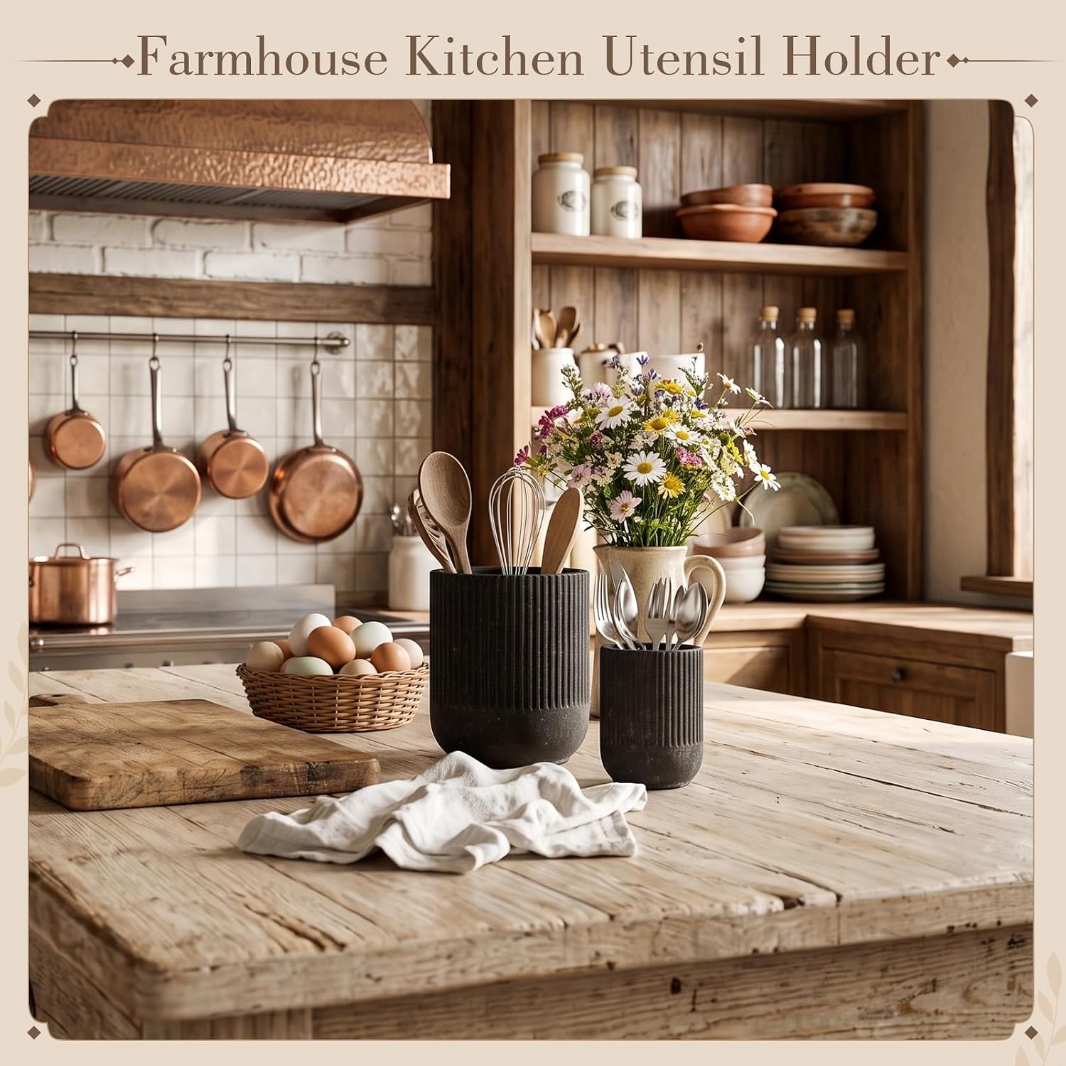 Meanplan 7.3"+5.4" Farmhouse Utensil Holder for Countertop, Rustic Ceramic