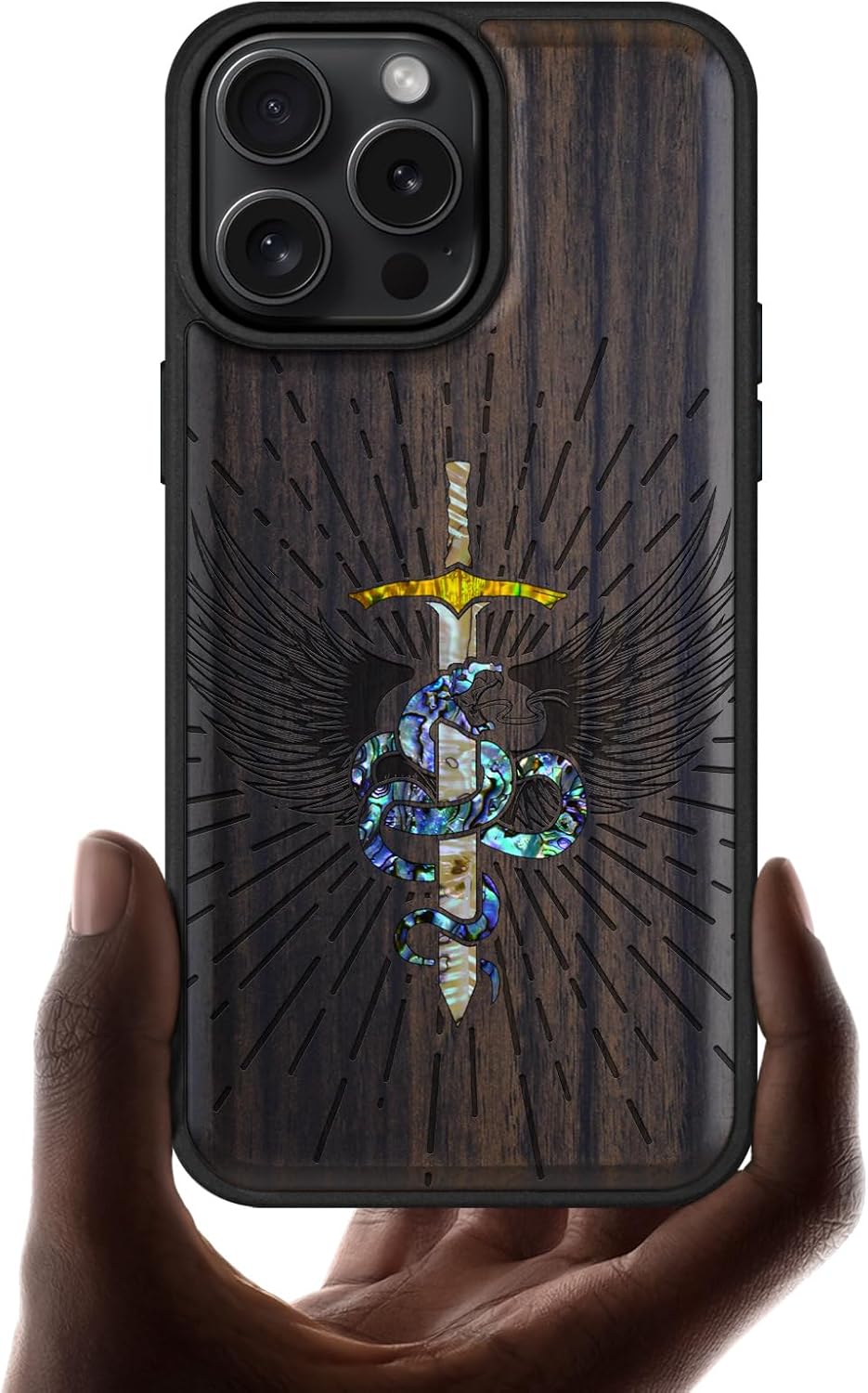 Carveit Magnetic Case for iPhone 16 Pro Max Case, Wood Artisan Engraved & Handmade Shell Inlaid, TPU Shockproof Cover, Compatible with MagSafe Wireless Chargers (Serpent Winged Sword-Blackwood)