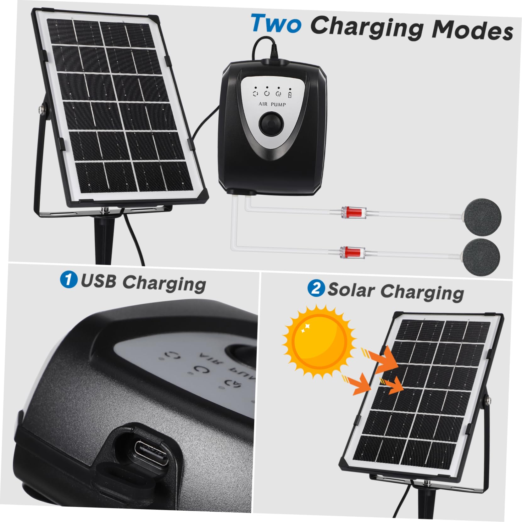 Toddmomy Pompa d Aria Solare Per Acquario Kit Ossigenatore Per Laghetto Da Giardino Aeratore Per Vasche Pesce Set Pompa Aria Solare Movimento Acqua e Ricarica Usb