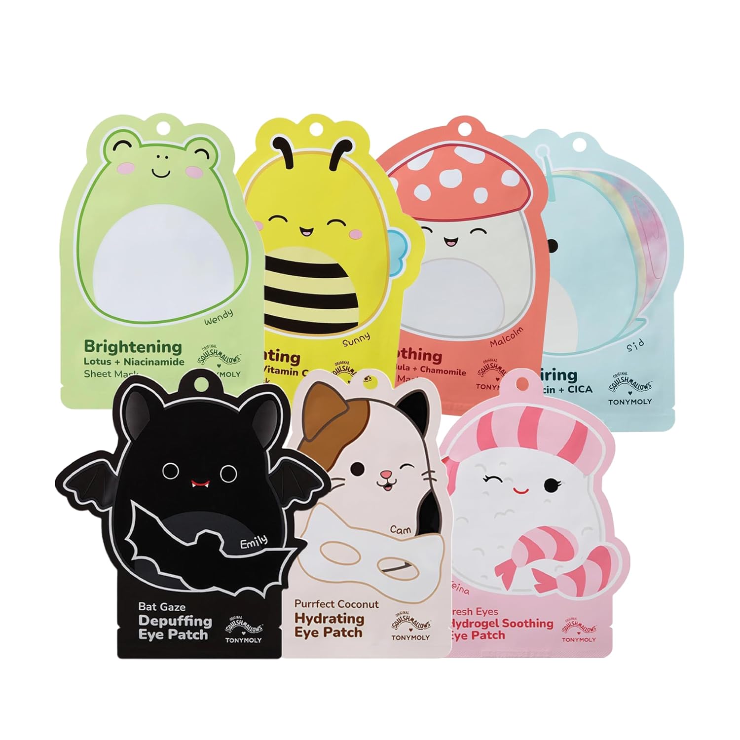 TONYMOLY x Squishmallows Hydrating Eye Patch Set (Assorted) + Facial Hydrating Sheet Mask Set + Cam the Cat Plush Headband for Skincare and Makeup, Washing Face, Makeup Application