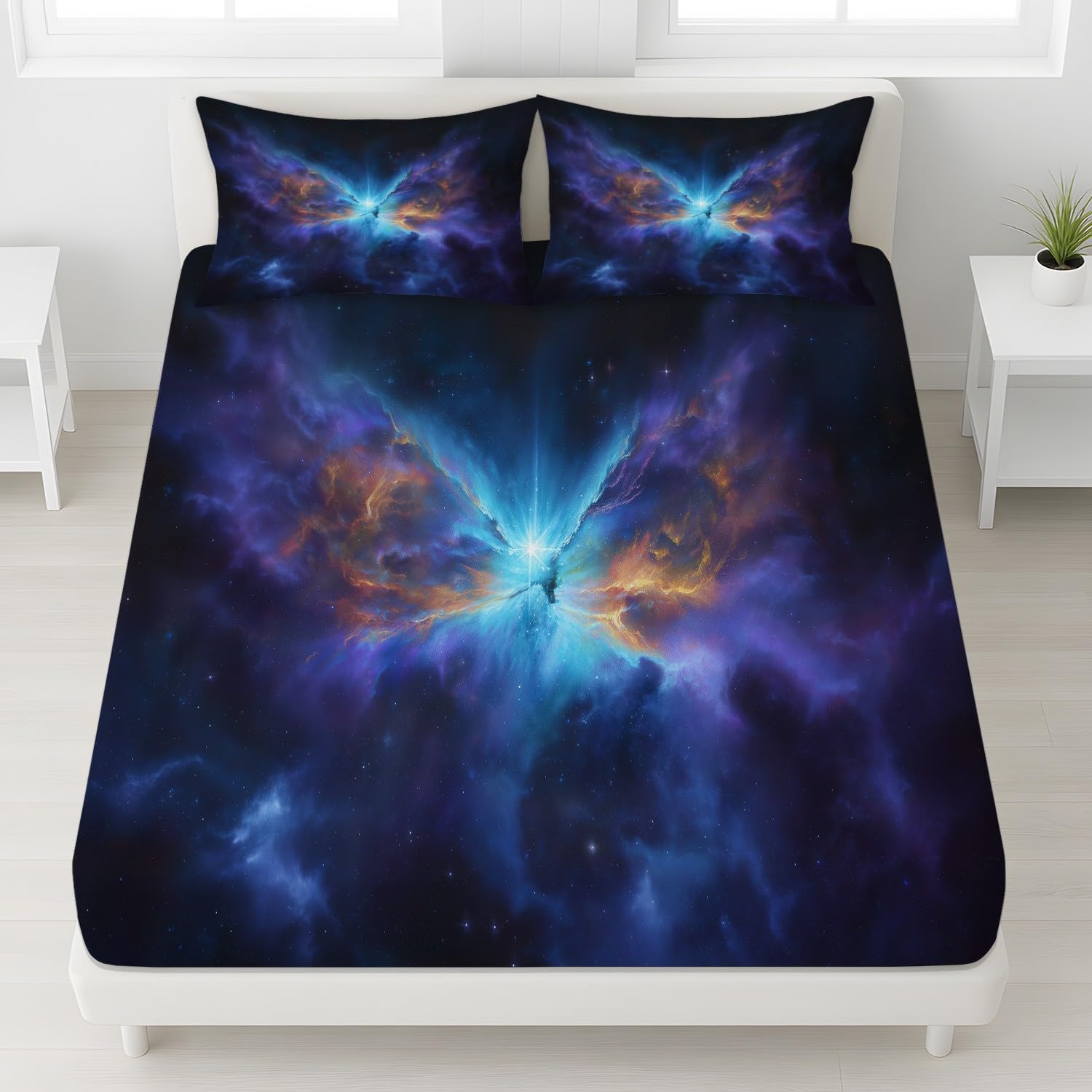 Cosmic Galaxy pojedyncze prześcieradła z gumką, 30 cm głębokości, mistyczna mgławica, marzycielska przestrzeń, miękka szczotkowana mikrofibra, odporne na blaknięcie, oddychające prześcieradło 90 x 190