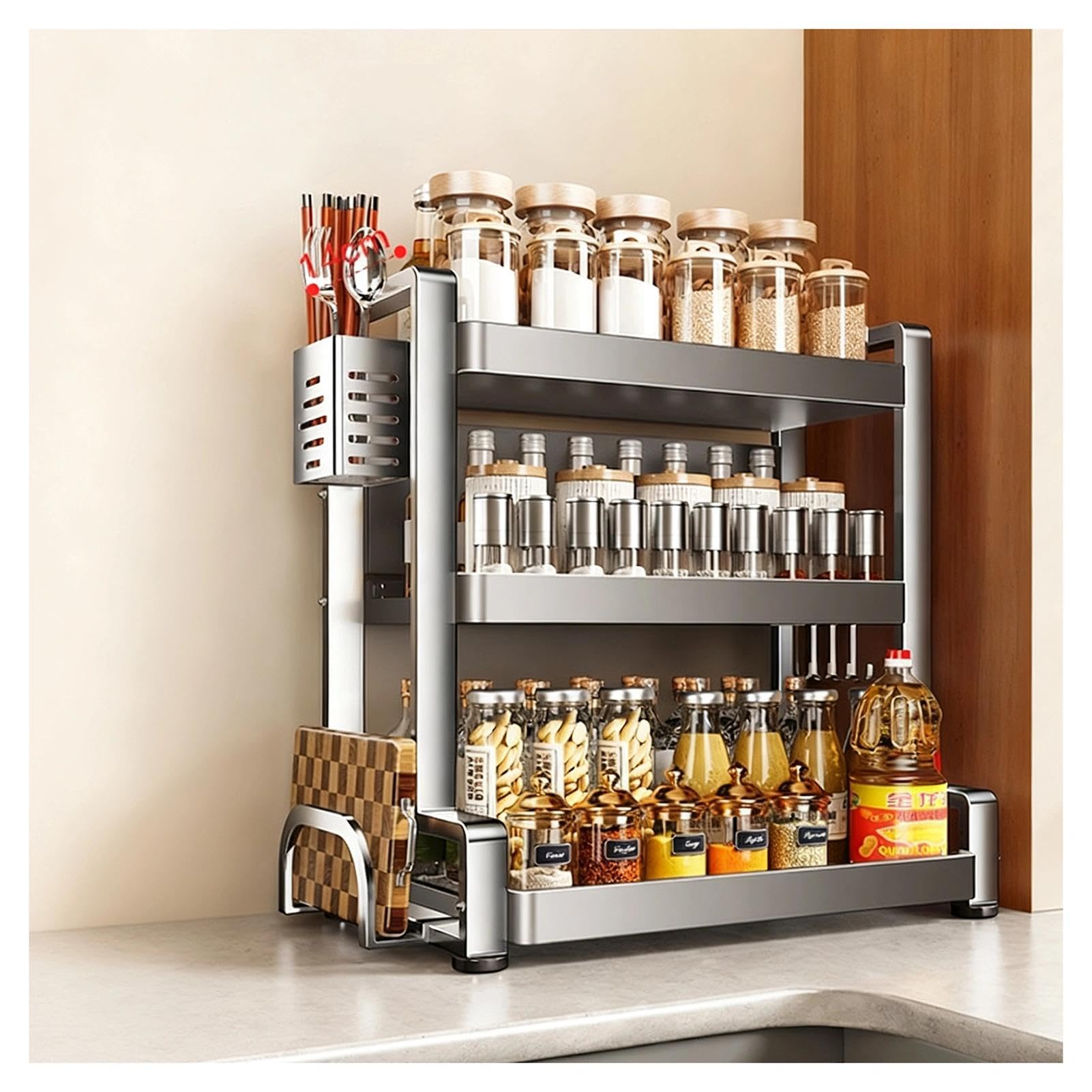 HADECOLL Stainless Steel Spice Rack, Freestanding With Knife Holder And Hooks, Multifunctional Storage For Kitchen, Pantry, Bathroom,3 Tier-15.7in
