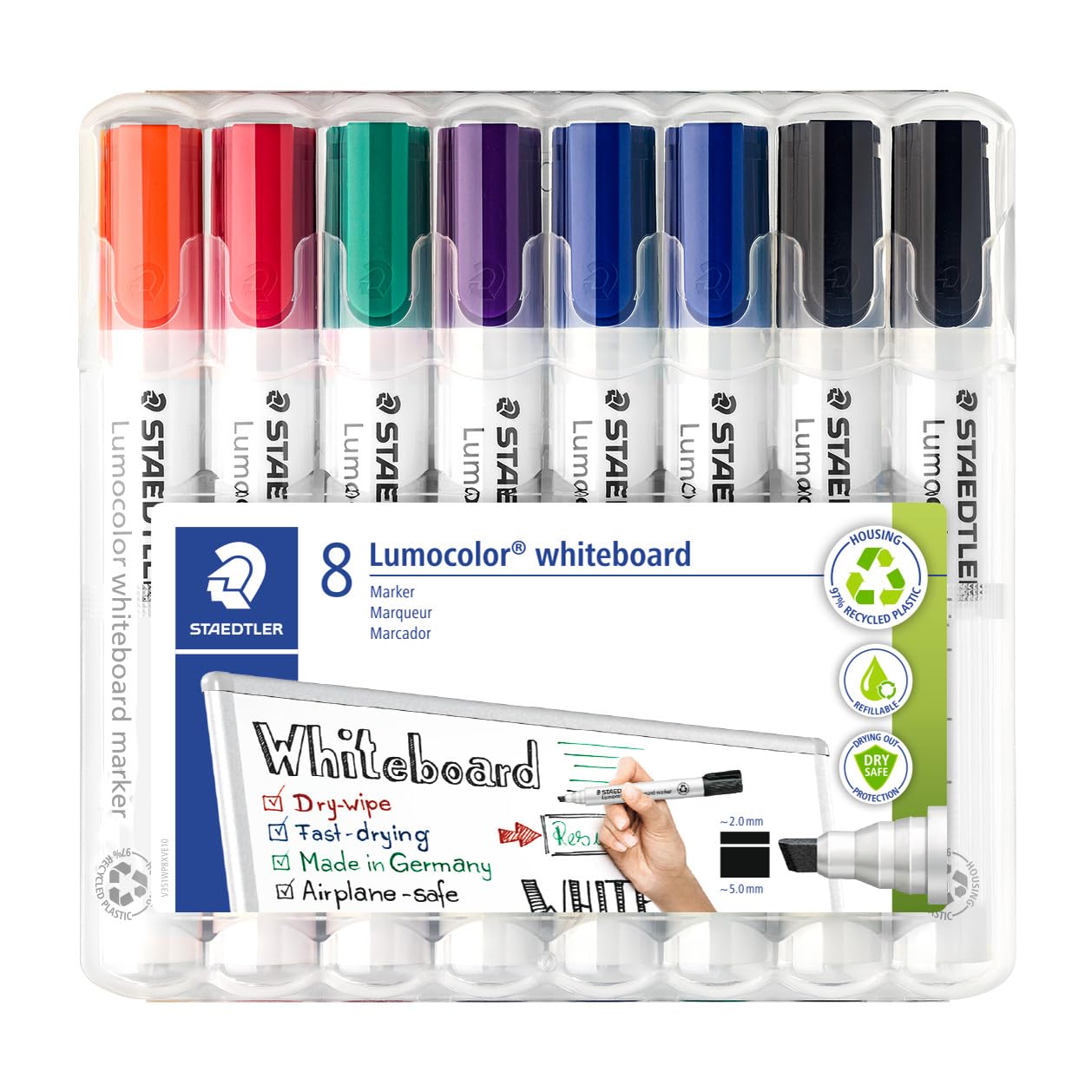 Staedtler Lumocolor 351 B - Rotulador para pizarra, punta biselada, ancho de línea aprox. 2 o 5 mm, juego con 8 rotuladores, alta calidad, fabricado en Alemania