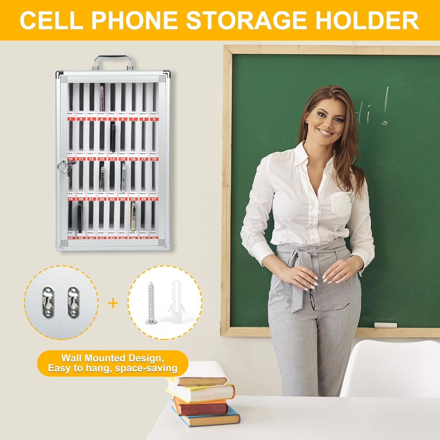 24 Slots Aluminum Alloy Cell Phone Holder Classroom,Cell Phone Storage Cabinet Pocket Chart,for Cell Phones Wall-Mounted with a Locked,Movable,Can be Carried by Hand (24 Slot)