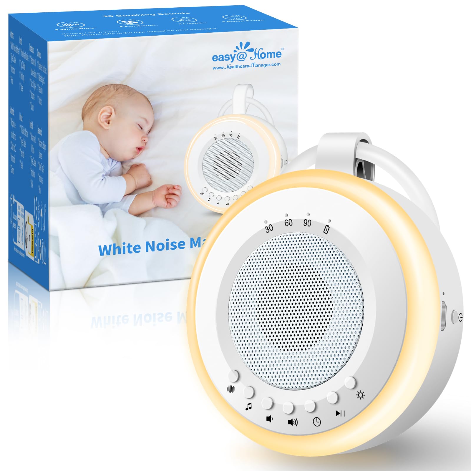 Tragbare Baby White Noise Machine: Easy@Home Einschlafhilfe Babys mit weißem Rauschen | Nachtlicht | 16 Beruhigende Schlaflieder & Naturgeräusche | 3 Timer-Einstellungen | USB wiederaufladbar (Weiß)