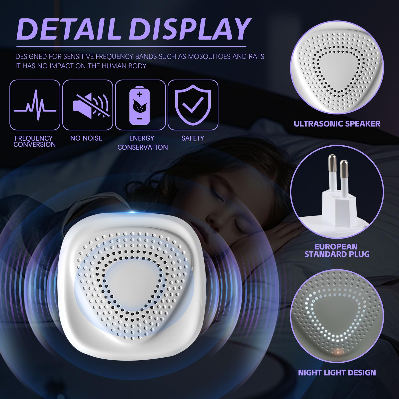 Prise Anti Moustique Ultrason 4 Pcs, Répulsifs Ultrason Anti Moustique Électronique d'Intérieur, Défense Efficace Contre Les Moustiques, Souris, Cafards, Araignées, Fourmis et Mouches