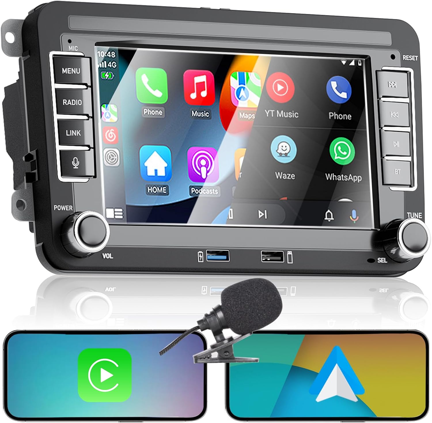 Radio samochodowe Liulbobu do VW Golf 5/6, Passat, Jetta, Caddy, Polo CC, Tiguan, EOS, Scirocco. Bezprzewodowy CarPlay i Android Auto, 7-calowy ekran dotykowy, Bluetooth, FM/AM, USB, DSP, RDS.