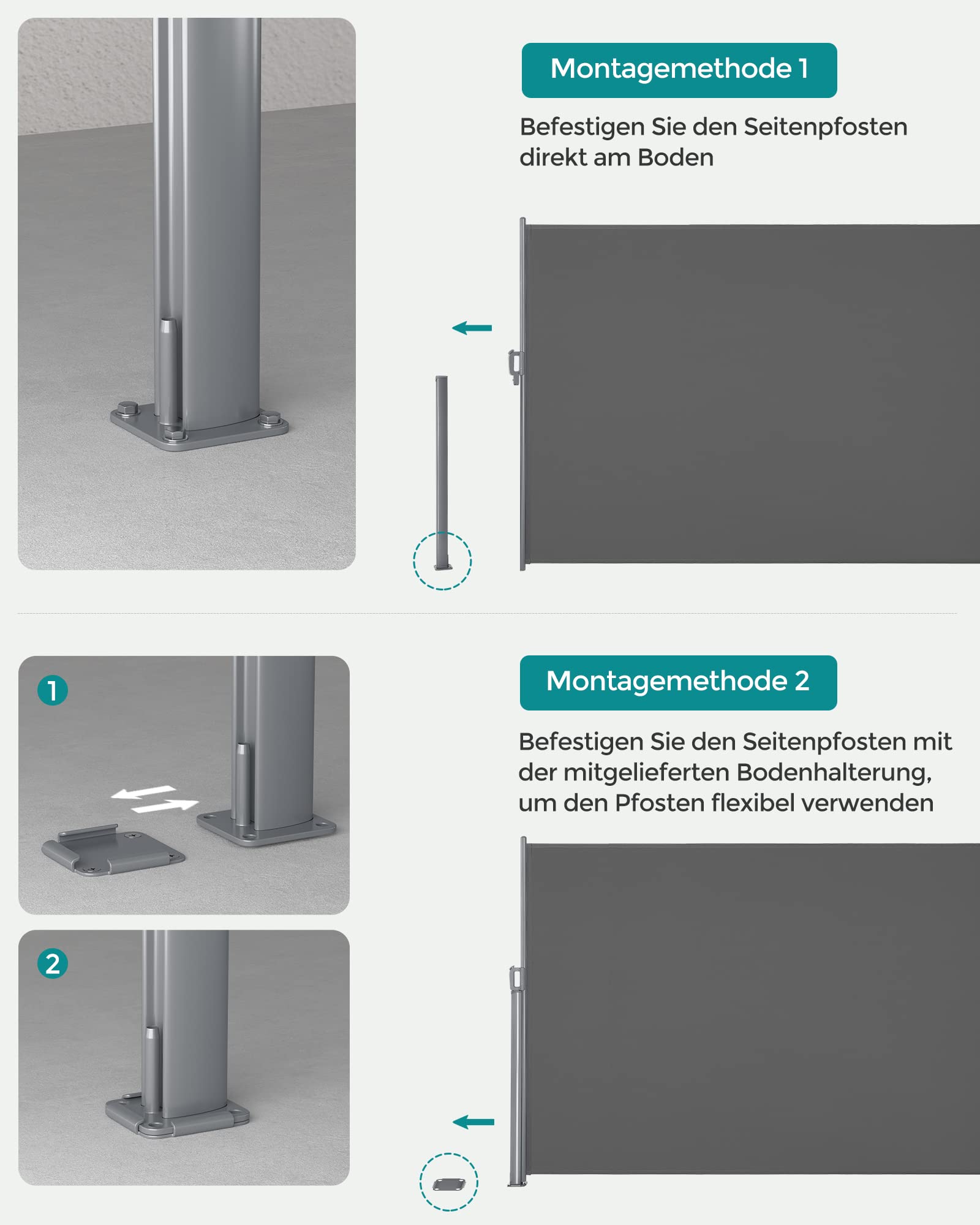 SONGMICS Alu-Seitenmarkise, ausziehbar, 200 x 400 cm, Blickdicht, Sonnenschutz, blickdicht, Seitenrollo, für Balkon, Terrasse, Garten, anthrazit GSA204G01