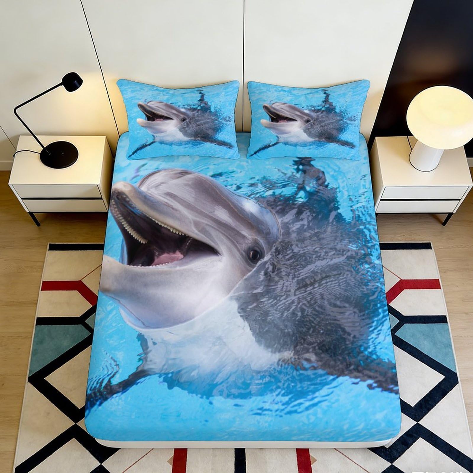 3D Printed Dolphin Ocean Fitted Sheet Microfiber Soft Breathable Sea Wave Mattress Cover for Bedroom Guest Room 90x200x25cm
