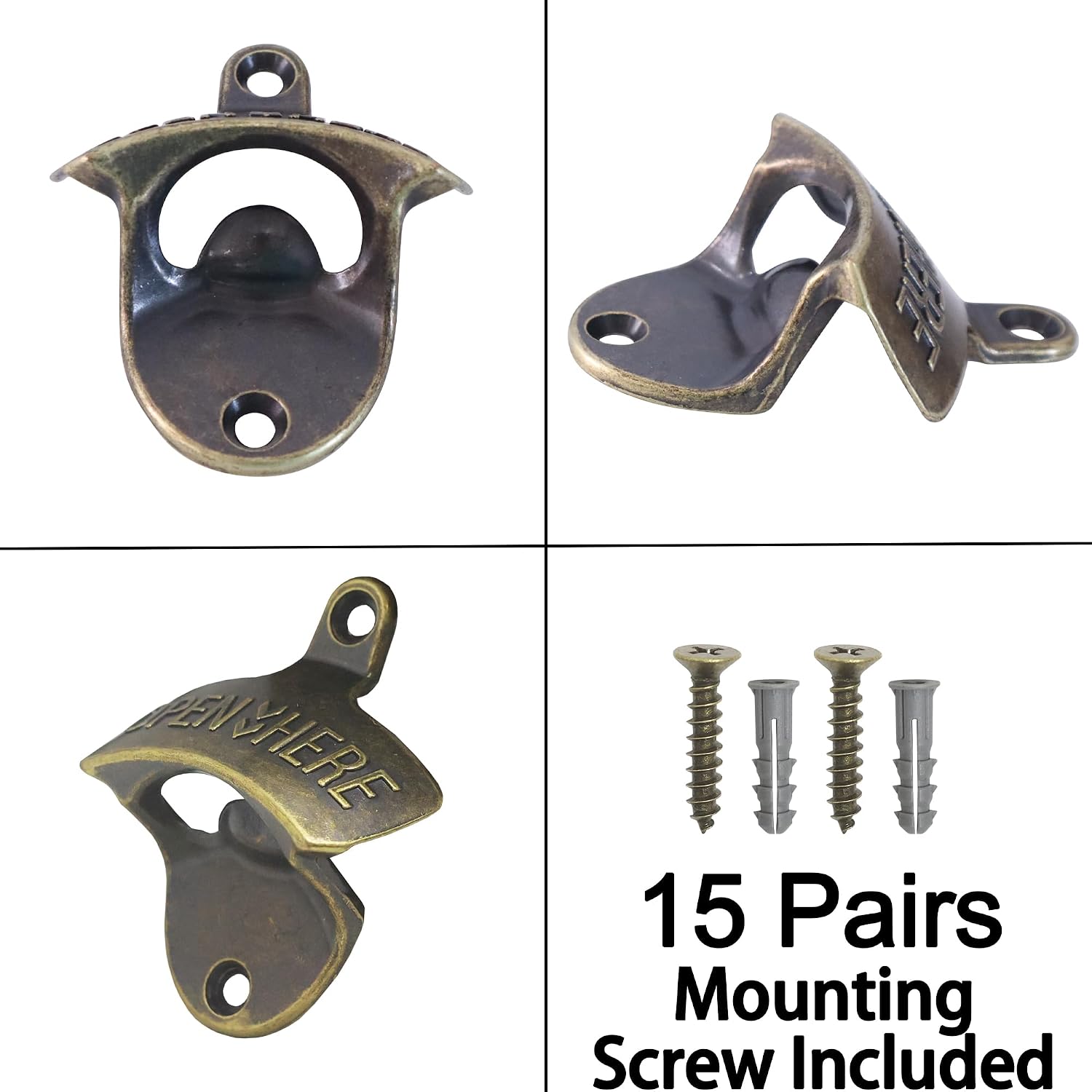 Rustic Wall Mount Bottle Opener, Vintage Brass Bulk Beer Opener Mountable - Post Mount Beer Bottle Opener Antique Bronze (Pack of 15)