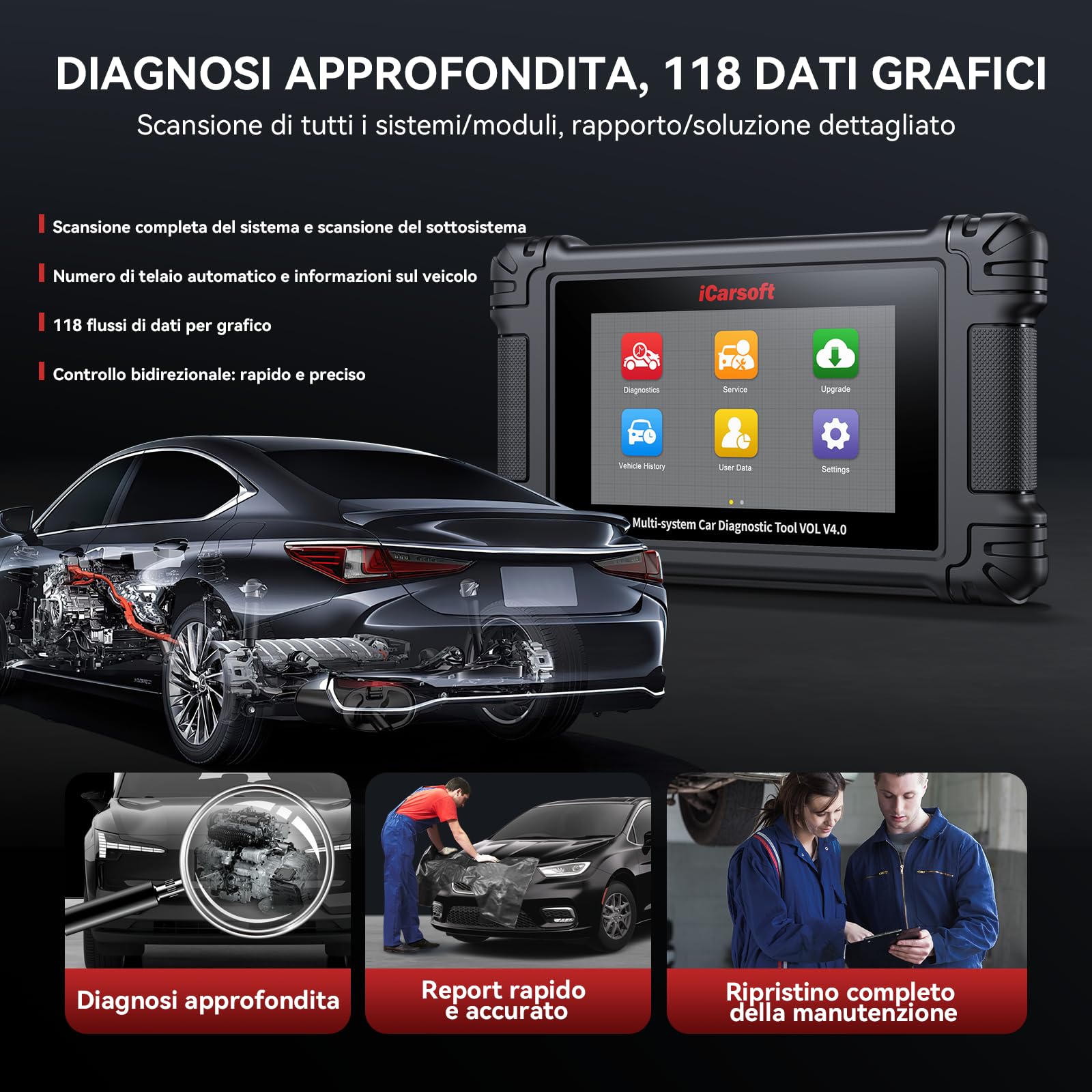 iCarsoft VOL V4.0 Scanner OBD2 Auto Diagnostica Bidirezionale per Volvo/SAAB+ 2 Marche di auto, Sistema Completo, Fino a 29 Servizi di Ripristino per Volvo/SAAB, Auto VIN, Aggiornamenti a Vita