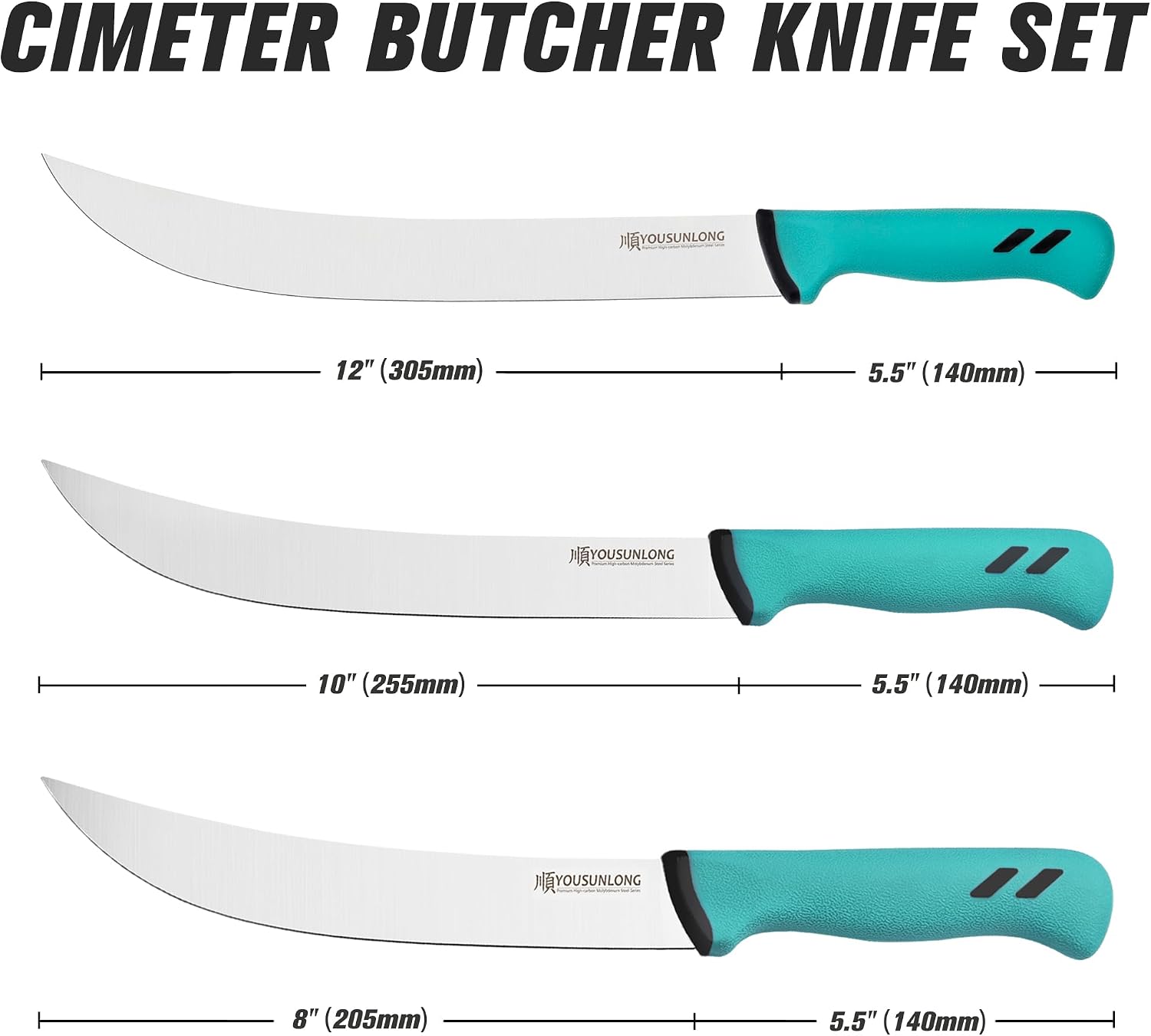 YOUSUNLONG Cimeter Butcher 3-Piece Knife Set - Meat Processing Knife Set Blade of 8" 10" 12" - Premium High-carbon Molybdenum Steel - Santoprene Handle
