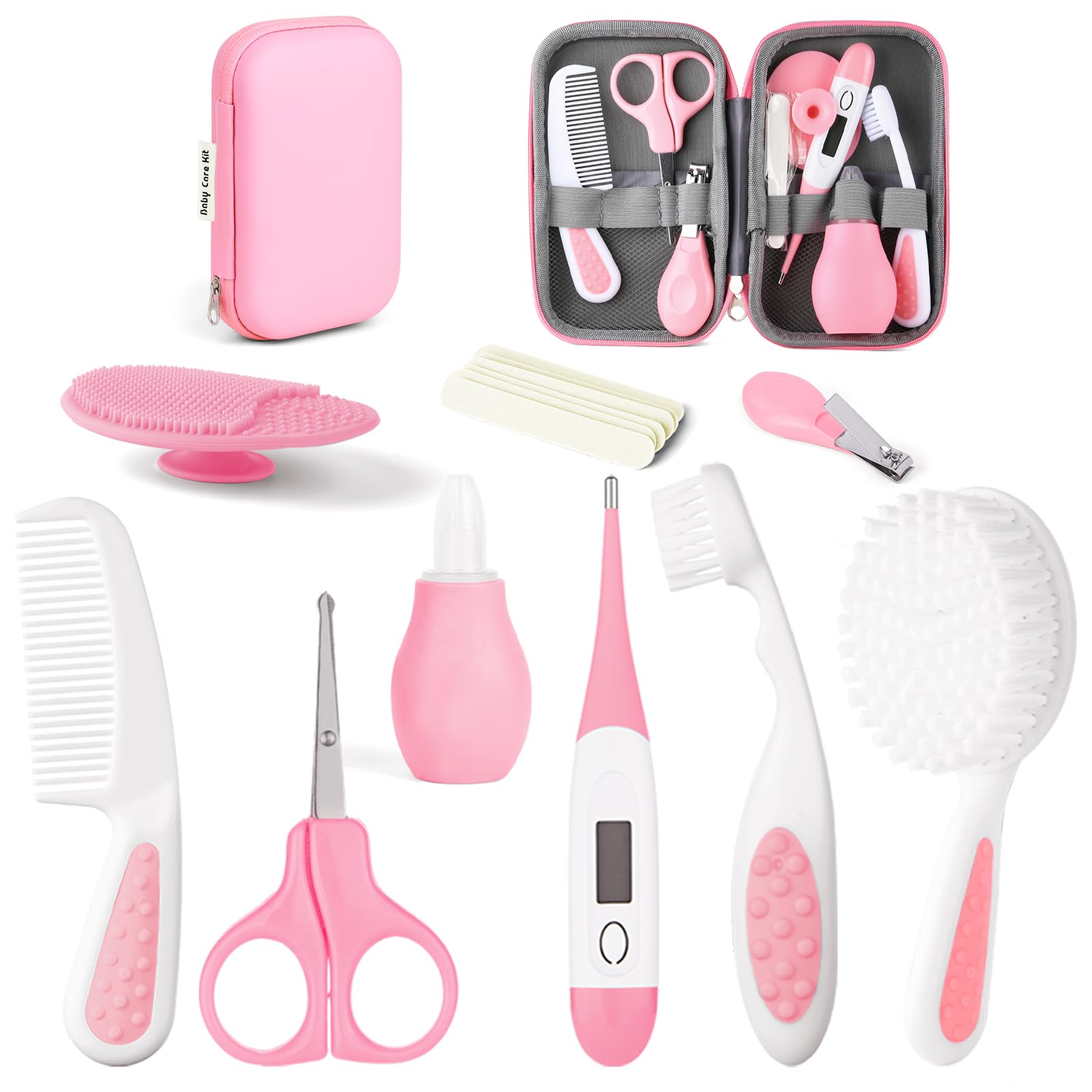 Flintronic 14 Pcs Trousse de Soin Bébé, Trousse de Toilette Bébé Compacte, avec Brosse à Cheveux, Pince à Ongles ect pour Nouveau-Nés Filles Garçons