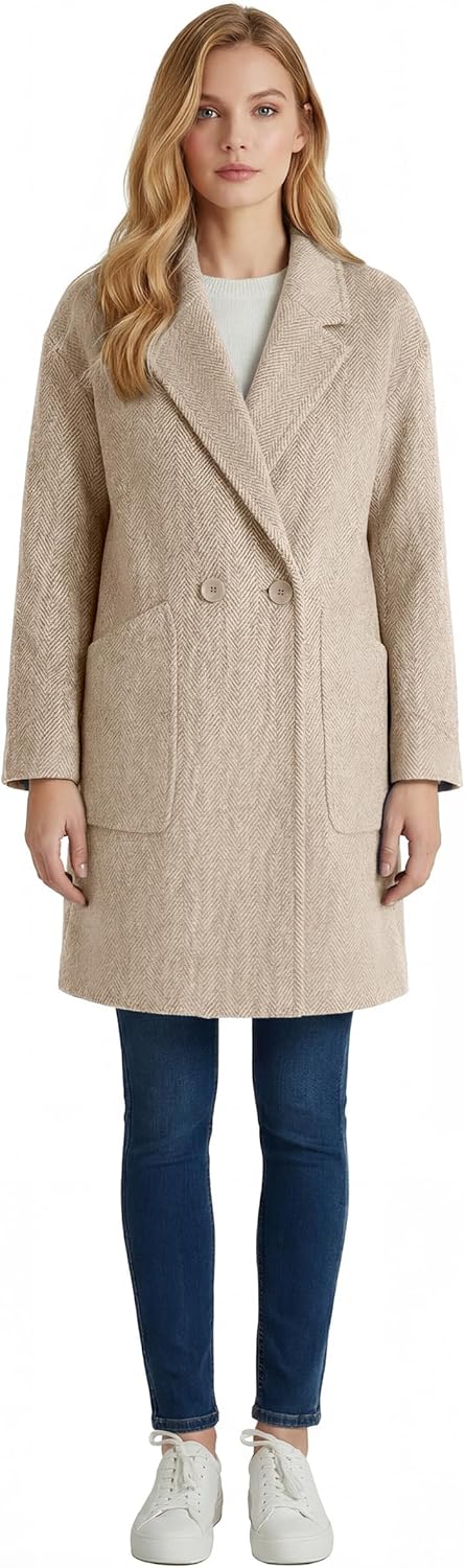 Pantete Womens Winter Warm Pea Coat Herringbone Notch Lapel Mid-Long Single Breasted Quilted Lined Trench Jacket - Image 2