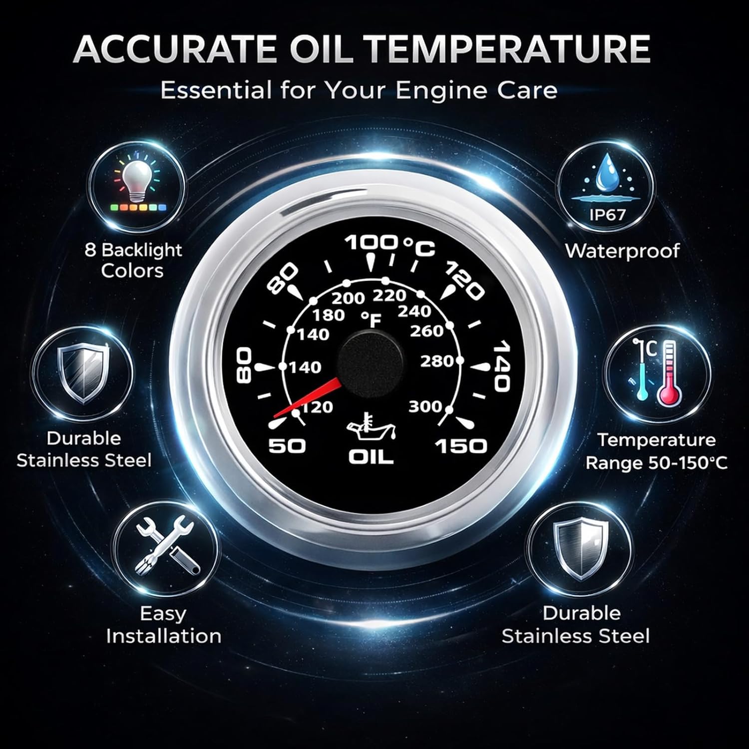 Oil Temperature Gauge, 2in Black Dial Silver Bezel, 50-150℃ Range - IP67 Waterproof, 8 Color Backlight, Wide 9-32V Voltage