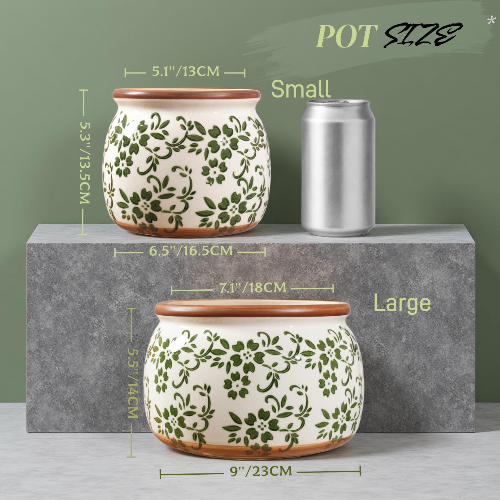 Maceta vintage de cerámica de esmalte agrietado de 6.3 pulgadas, macetas con agujero de drenaje, red de filtro reutilizable y base de goma antideslizante para interiores y exteriores