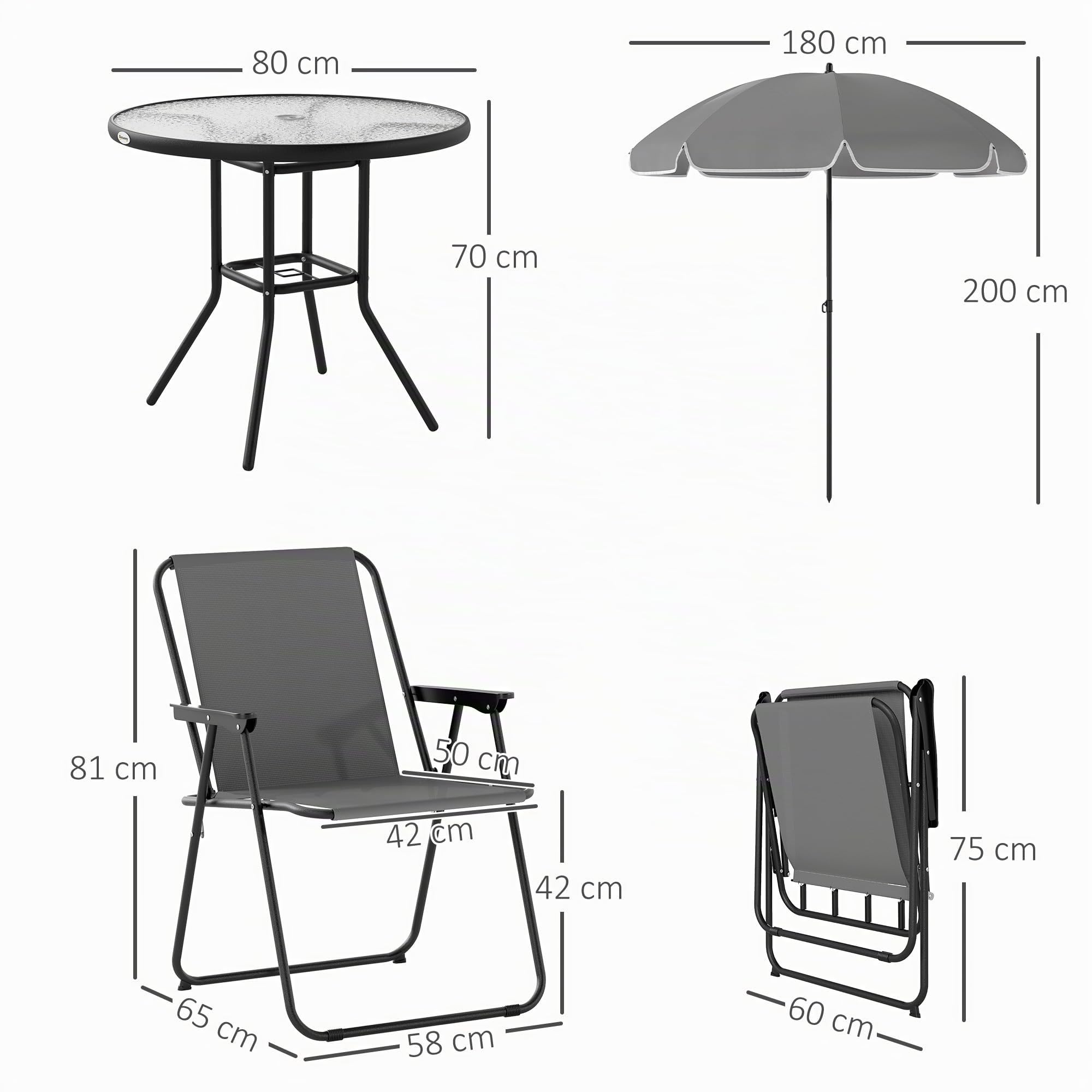 Outsunny Ensemble de Jardin de 6 Pièces avec Table et 4 Chaises Pliables en Textilene - Mobilier de Jardin Extérieur avec Table en Verre et Parasol pour Terrasse et Patio - Gris