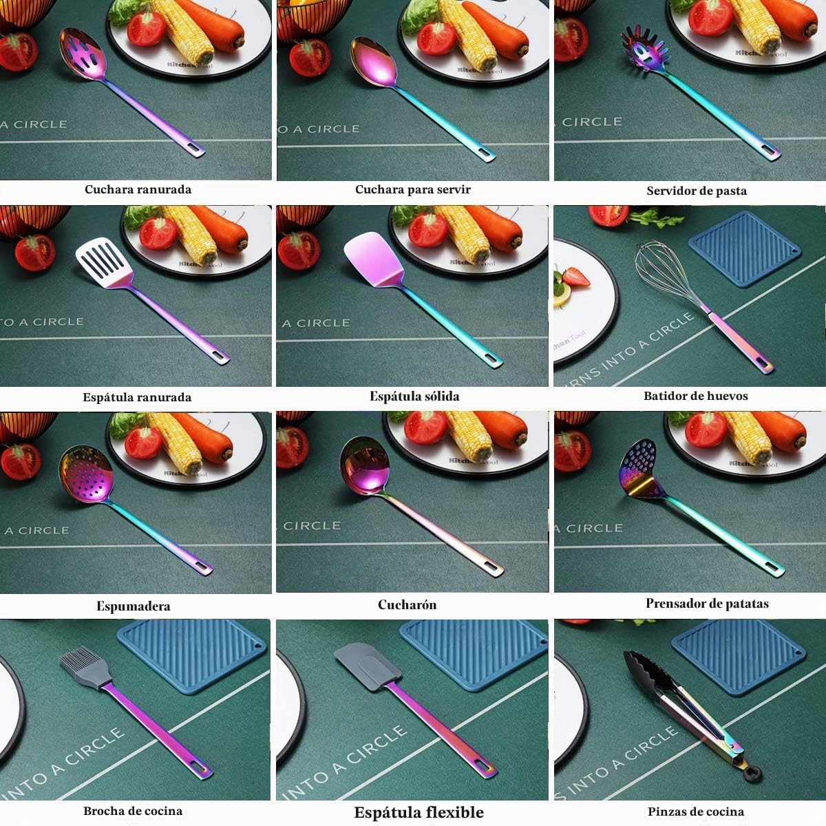 Rainbow - Juego de utensilios de cocina de 13 piezas de acero inoxidable con chapado en arco iris de titanio, juego de herramientas de cocina con soporte para utensilios de cocina antiadherentes,