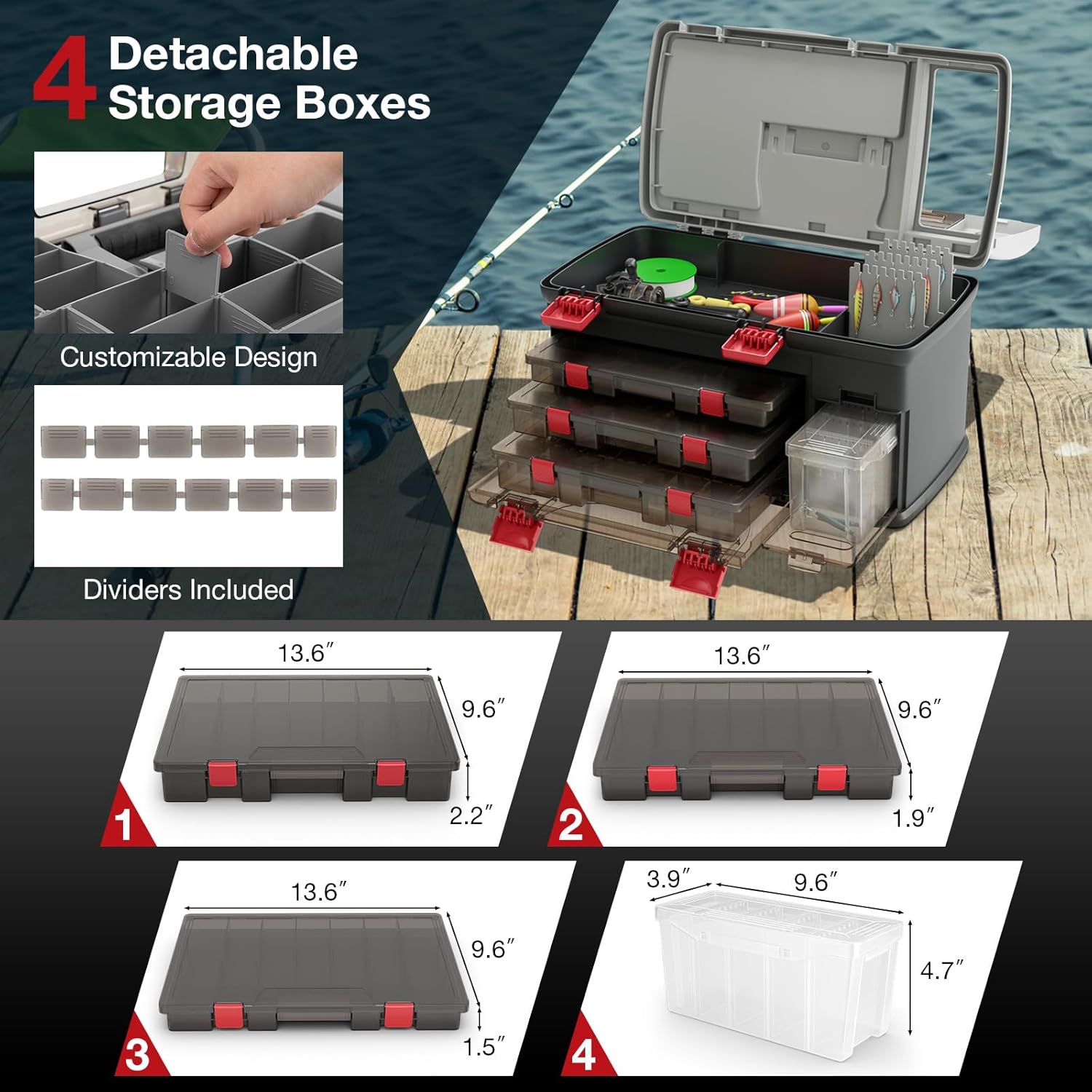 Goplus Large Tackle Box, Portable Fishing Storage w/ 3 Customizable Boxes & Side Storage, Double-layer Top Compartment, Premium Box for Tackle & Tool Organization