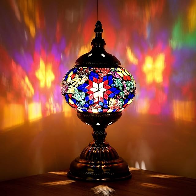 Marrakech Turkish Mosaic Glass Decorative Table Lamp Handmade Moroccan Lantern Tiffany Style Home Decor Desk Night Light Christmas Decorations Gift Lamp for Bedroom Living Room (Multicolour)
