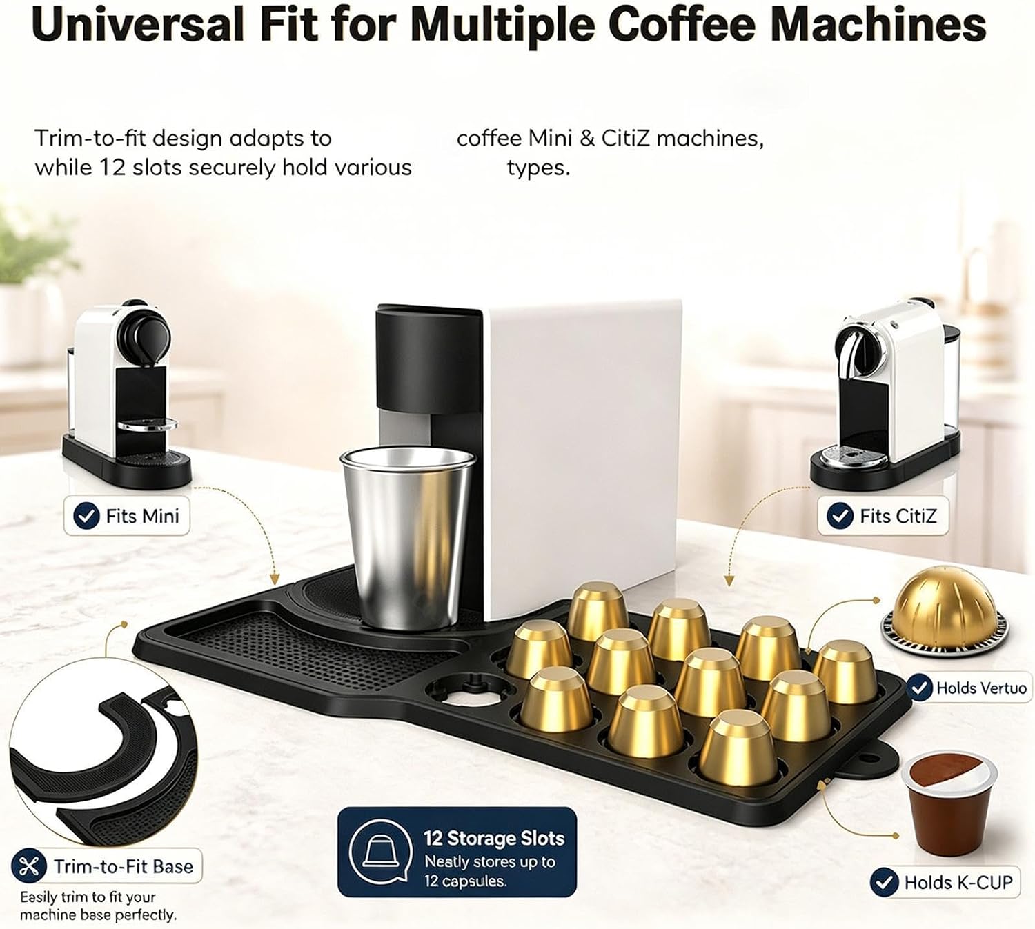 Coffee Mat for Countertop - Silicone Drip Proof Draining, 12 Slot Geometric Pad with Raised Spill Rim, Premium Food Grade Silicone, Heat Resistant Machine Base Protector, for Home Kitchen Cafe