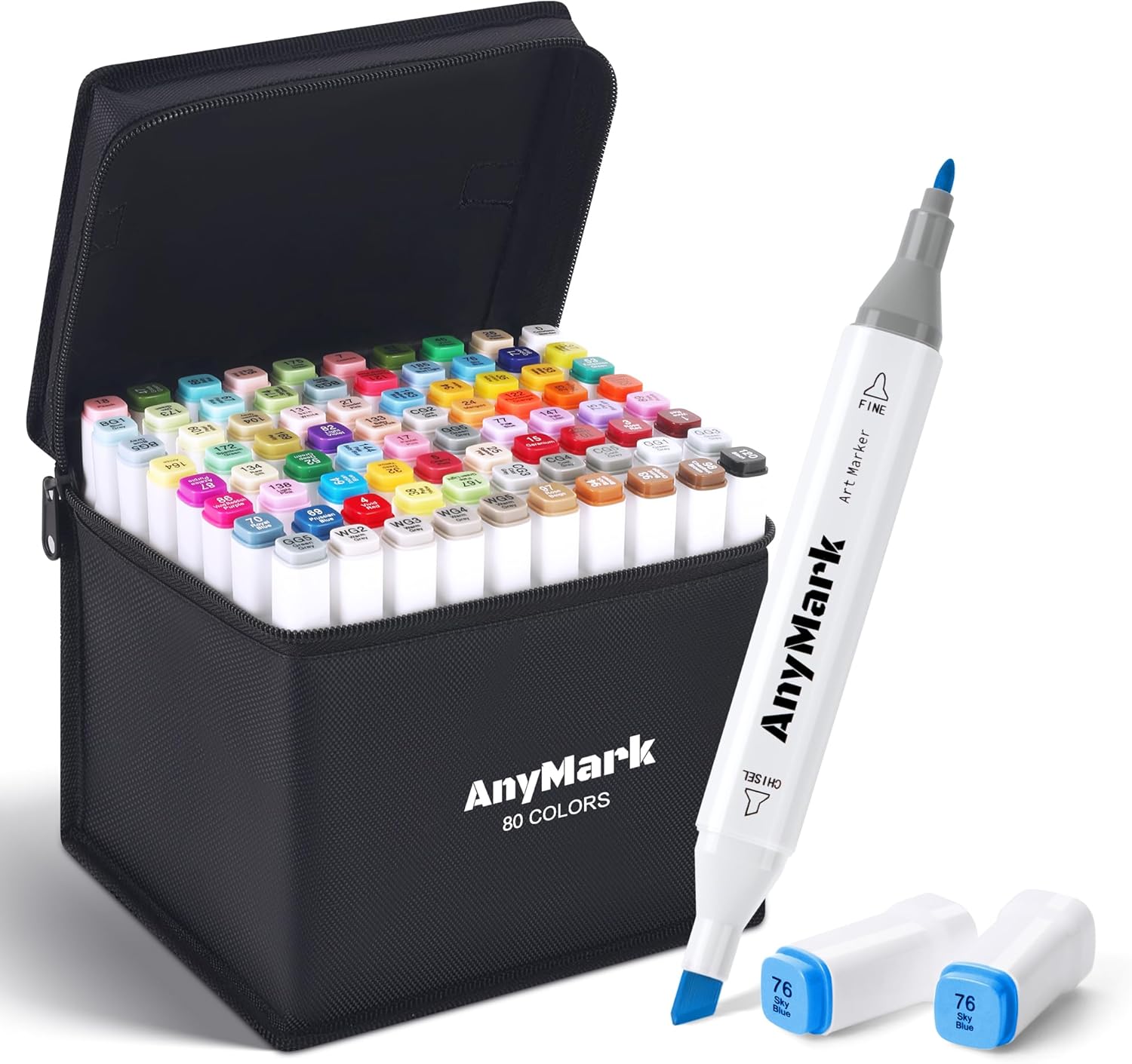 AnyMark Alcohol Markers, 80 Colors Dual Tip Art Coloring Markers Set for Adult Book Drawing Sketching Painting, Chisel & Fine, White Penholder