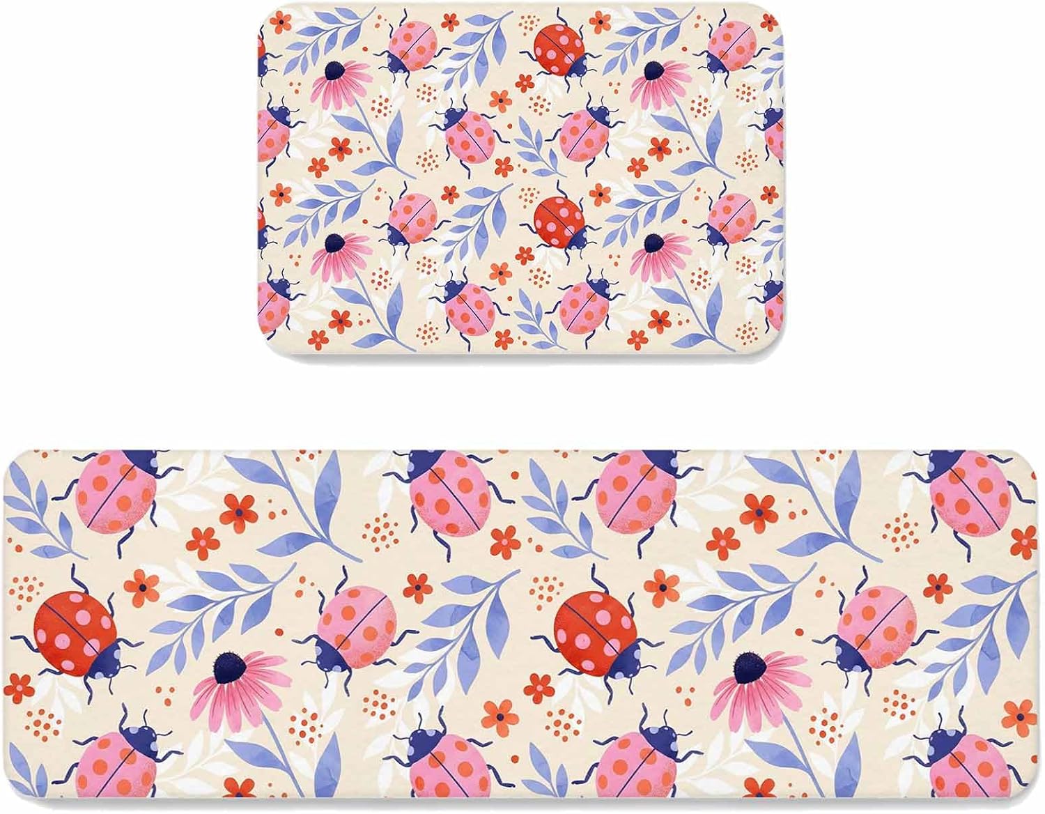Pink Ladybugs Kitchen Mat Set 2 Pieces Daisy Orange Flowers Purple Leaves Beige Country Non Slip Kitchen Rugs Washable Runner Rug Mats for Sink Laundry (19.7" x 31.5"+19.7" x 63")