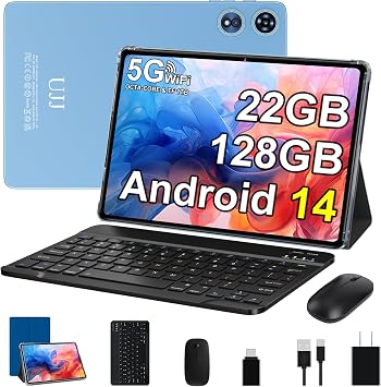 2026 Android 14 Tablet 22GB RAM 128GB ROM 1TB Expand, 10 inch Tablets with Keyboard Mouse, Octa-Core, 8000mAh Battery, HD IPS Display, 5G WiFi, BT 5.0, GPS, Widevine L1, Split Screen - Metal Blue