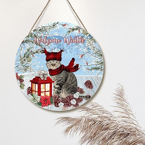 Miniatura 4 de Letrero de corona de flores de Navidad con escena de nieve de invierno, decoración de madera, letrero de bienvenida de gato de Navidad, letrero de