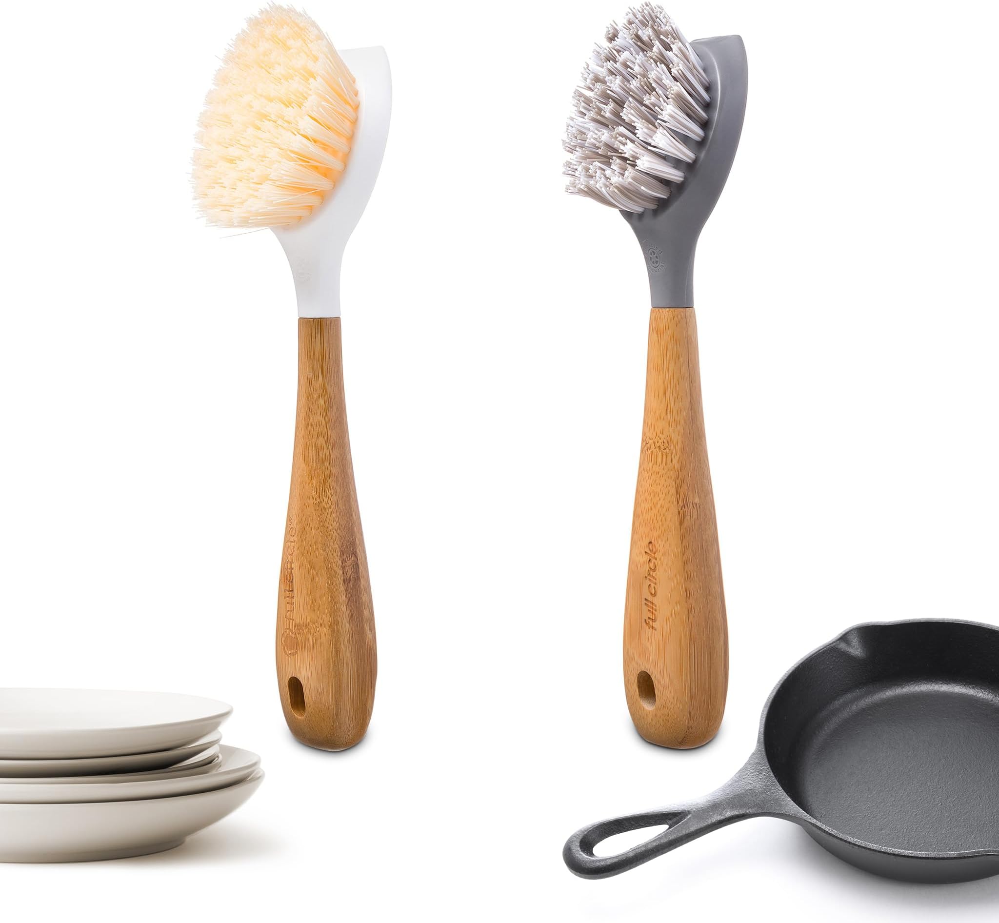 Full Circle Double Dish Brush Set – Durable Scrub Brushes for Dishes, Pots, Pans, and Cast Iron, Includes Be Good & Tenacious C, Sustainable 2-Pack