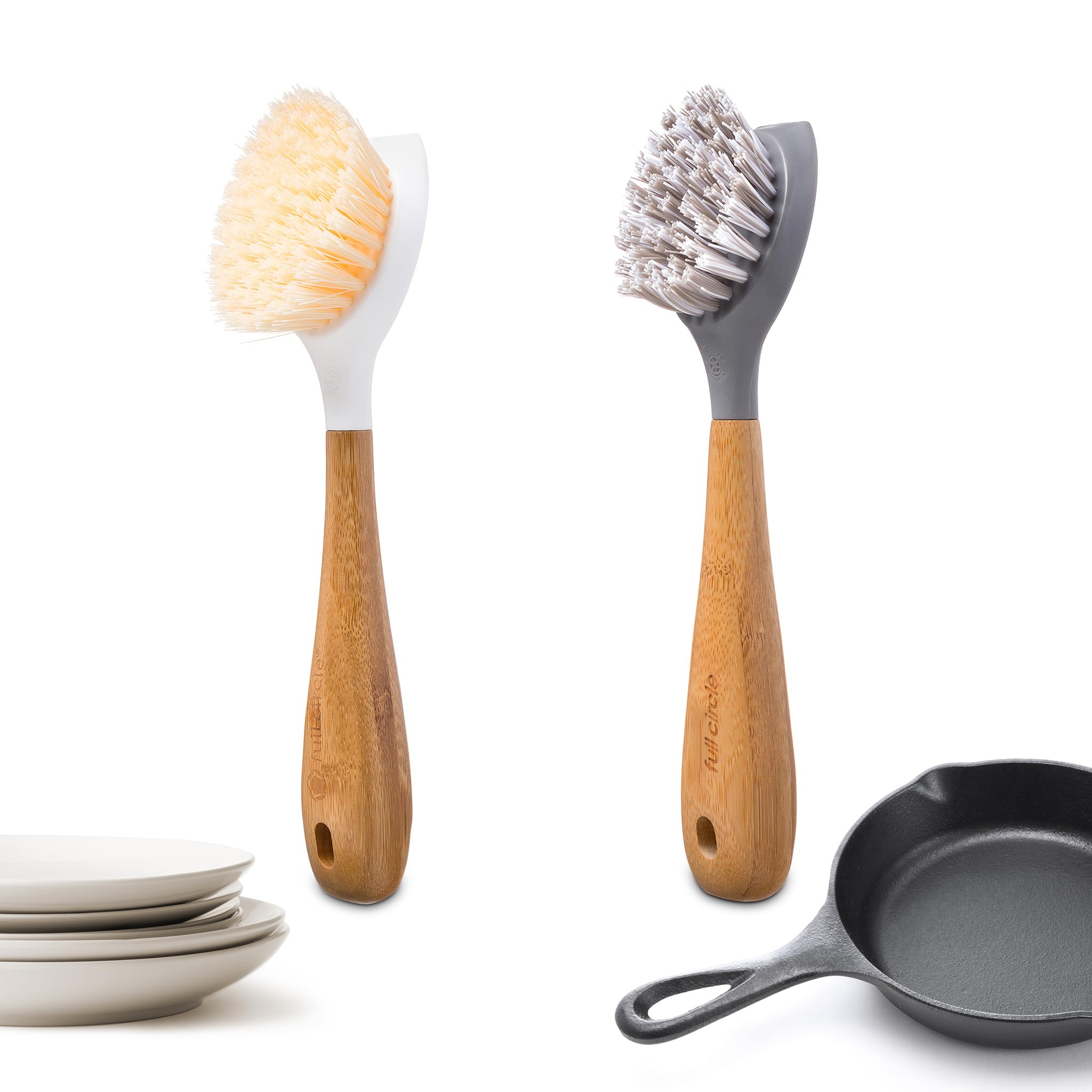 Full CircleBe Tenacious Bamboo Dish Brush Set – Sustainable Cleaning Tools for Cast Iron, Dishes, Pots, Pans – Includes Be Good & Tenacious C Brushes, Tough Bristles – Pack of 2