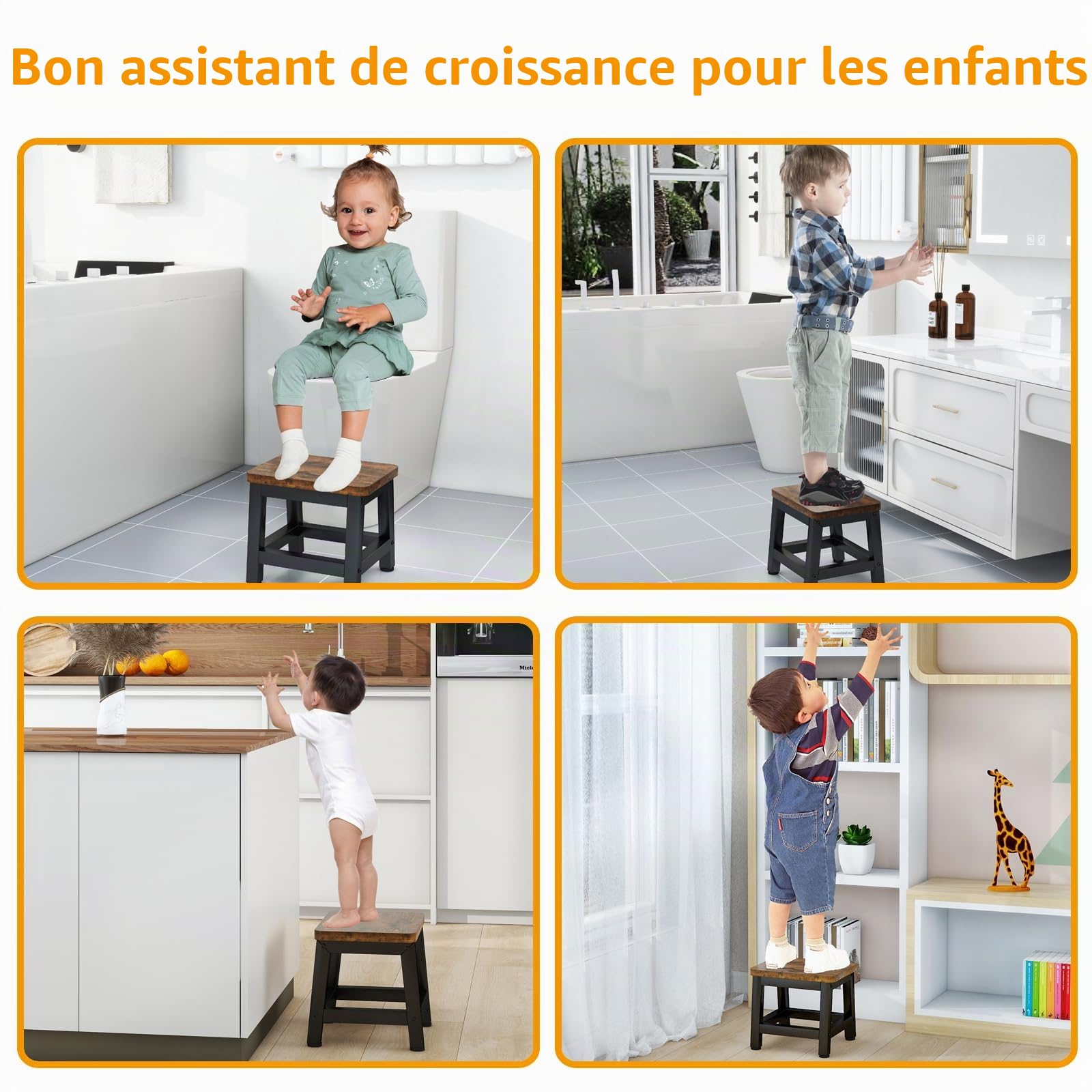 IBUYKE Petit Tabouret Marchepied pour Adultes Enfants, Marchepied en Bois pour Lits Hauts, Mini Tabouret Antidérapant avec Capacité de 330 Lbs pour Chambre Salon Cuisine, Rustique Marron TBD003H