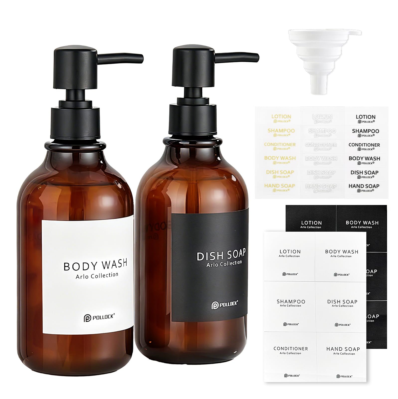 Pollock Hand and Dish Soap Dispenser Amber for Kitchen & Bathroom 2 Pack, Shower Gel Dispenser with Funnel and Waterproof Labels, Washing Up Liquid Dispenser Bottle with Black Pump