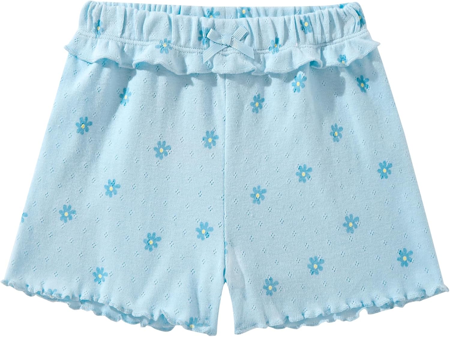 TRND O&X Baby Girl 3-Pack Ruffle Pointelle Bloomers, Soft Cotton Knit Elastic Waist Shorts, Yellow/White/Blue