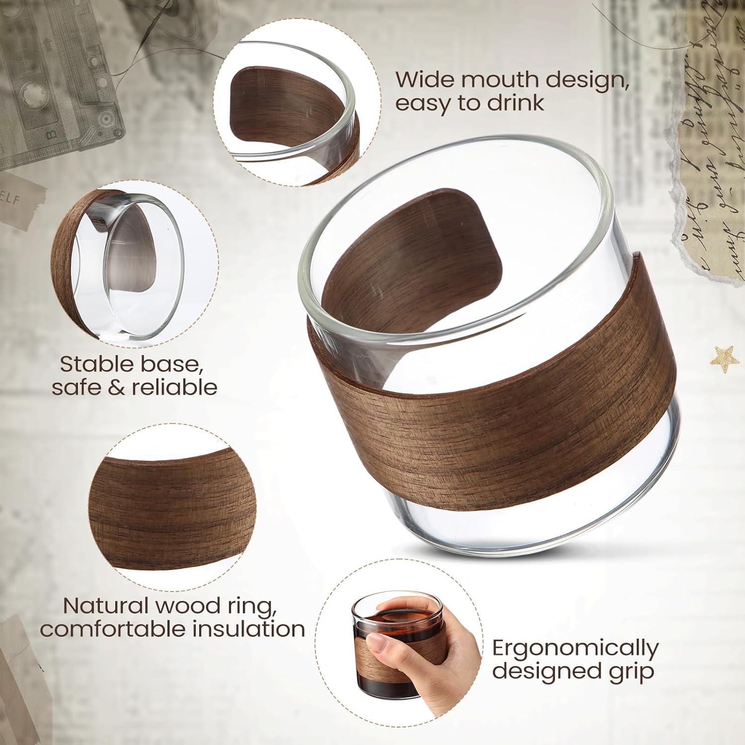 Reallnaive 16 Pieces 5 oz Espresso Cups with Wooden Ring High Borosilicate Espresso Shot Glass Small Glass Coffee Cups Coffee Accessories Enjoying Tea Latte for Office Cafes Home(Clear)