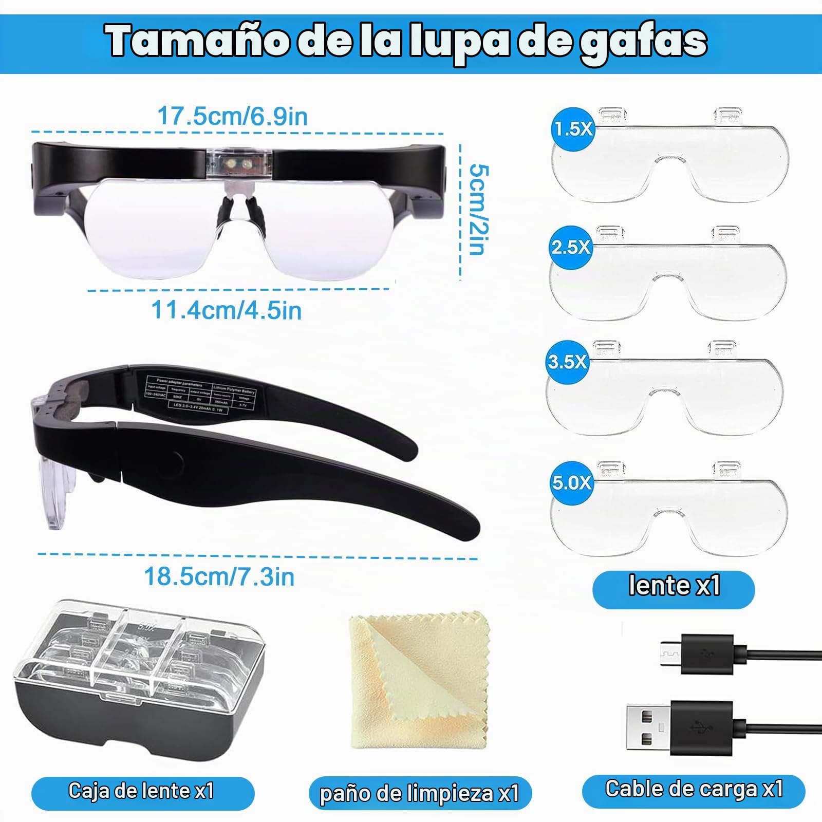 Gafas Lupa con Luz LED, 300% de Aumento, USB Recargable LED con luz de Lupa, 1.0X, 1.5X, 2.0X, 2.5X, 3.5X Manos Libres Lupa Gafas de Cabeza para el Trabajo de Cerca, aficiones, Lectura, artesanía,4 le