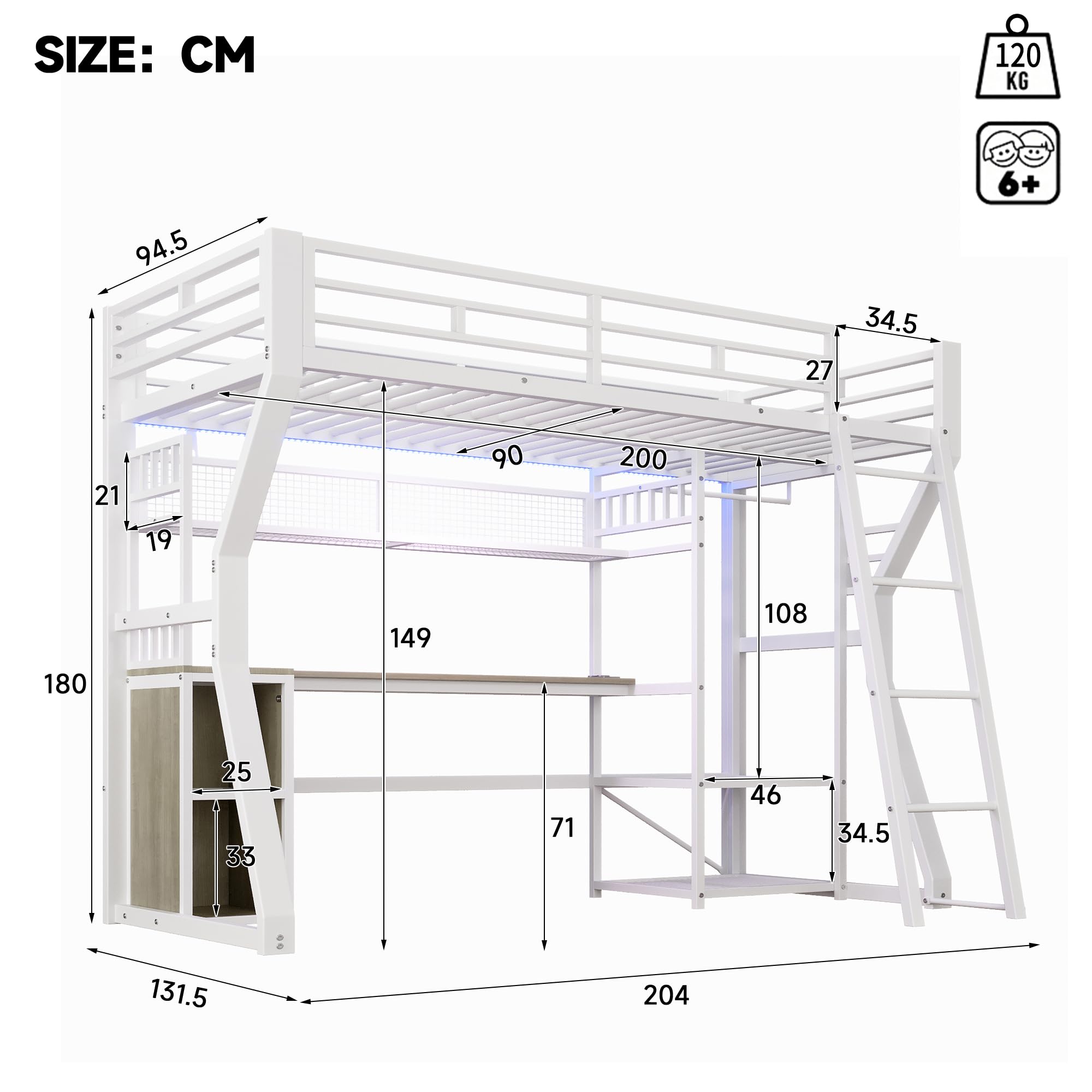 Lit Mezzanine Enfant 90x200cm avec Bande LED et Prise Électrique,Lit Superposé 1 Places en Métal avec Penderie,Bureau, Rangements,Étagères,Cadre de Lit Simple per Ado,sans Matelas,Blanc