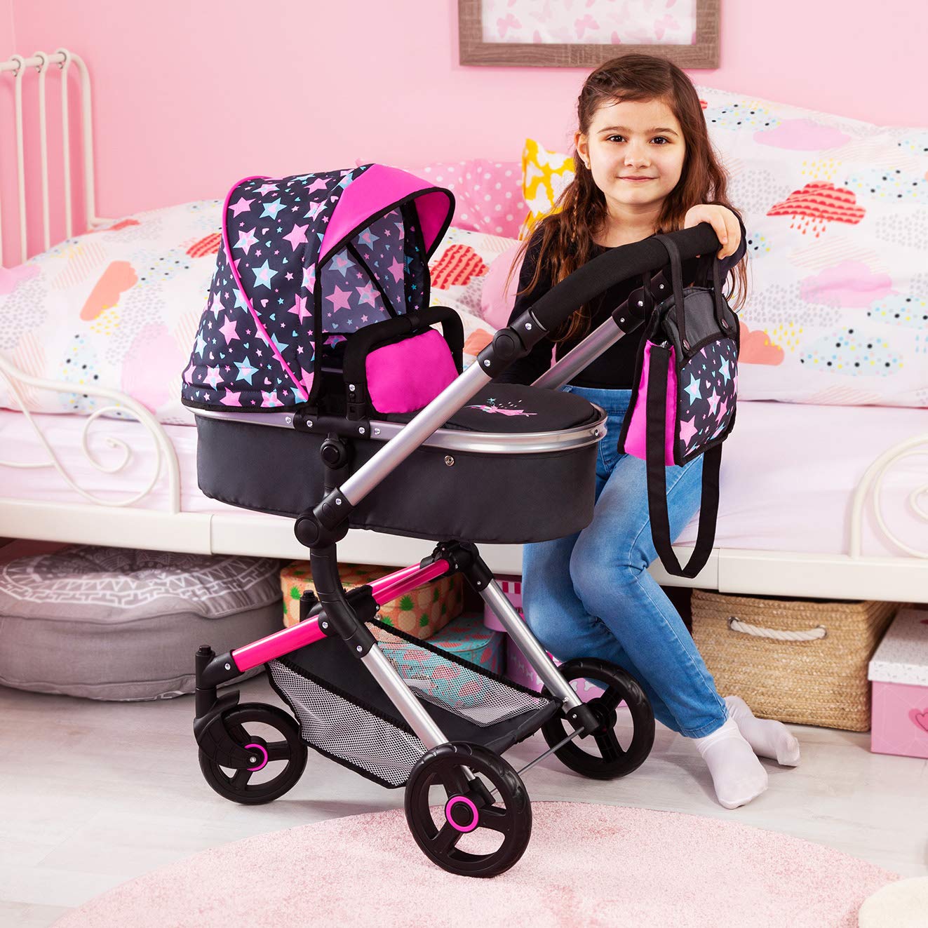 Bayer Design 18465Aa, Cochecito de Muñecas, Carro Neo Vario, Combolsa, Plegable, Convertible, Ajustable, Marrón, Rosa Comhada, Color Hermoso Diseño