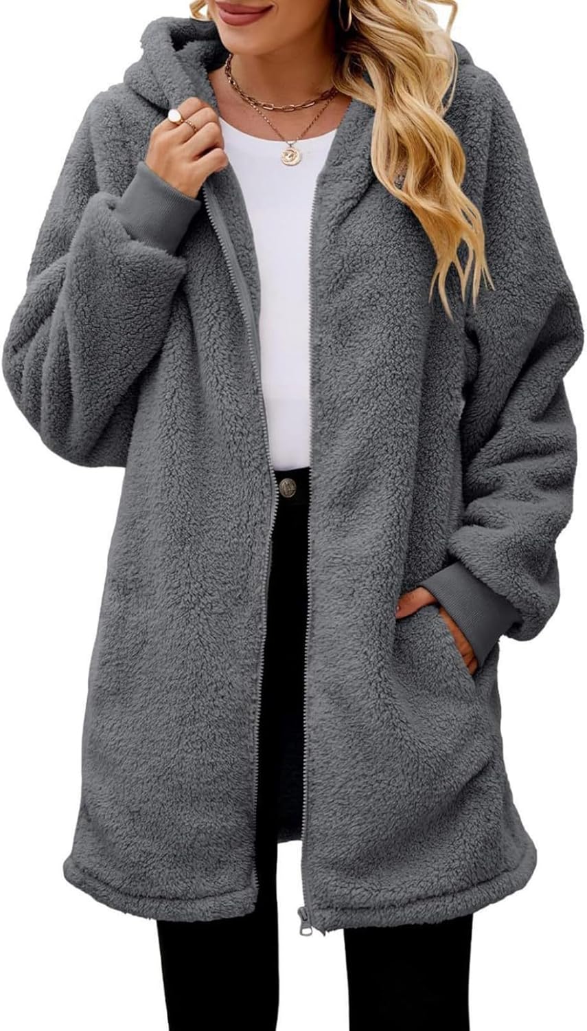 Women's Oversized Fleece Jacket Hooded Zip-Up Cardigan Coat with Pockets Warm Winter Casual Wear for Vacation