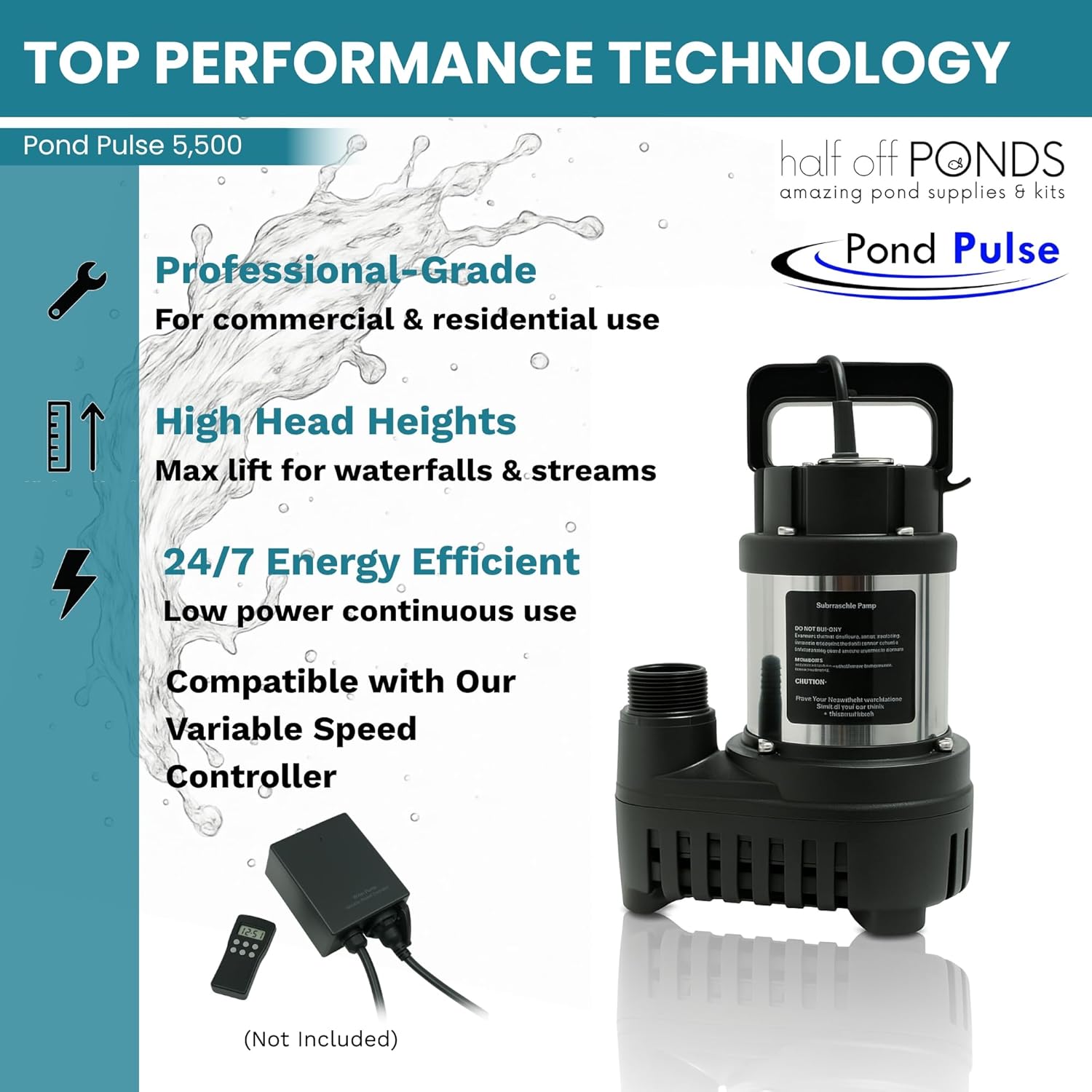 HALF OFF PONDS Pond Pulse 5,500 GPH Submersible Waterfall Pump – Hybrid Drive Pond Pump with 30' Cord – Energy Efficient, Fish Safe, 31' Max Head, for Skimmers & Large Water Features