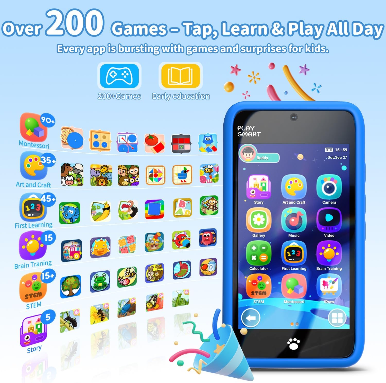 MOMILLA Toys Kids Smart Phone, 3.97" Screen Dual Cameras w/ 21 Stickers, New Year Birthday Gifts for Kids, 16GB Toddler Learning Cell Phone with Games, Boys Girls Toys for Age 3 4 5 6 7 8 9 Year Old