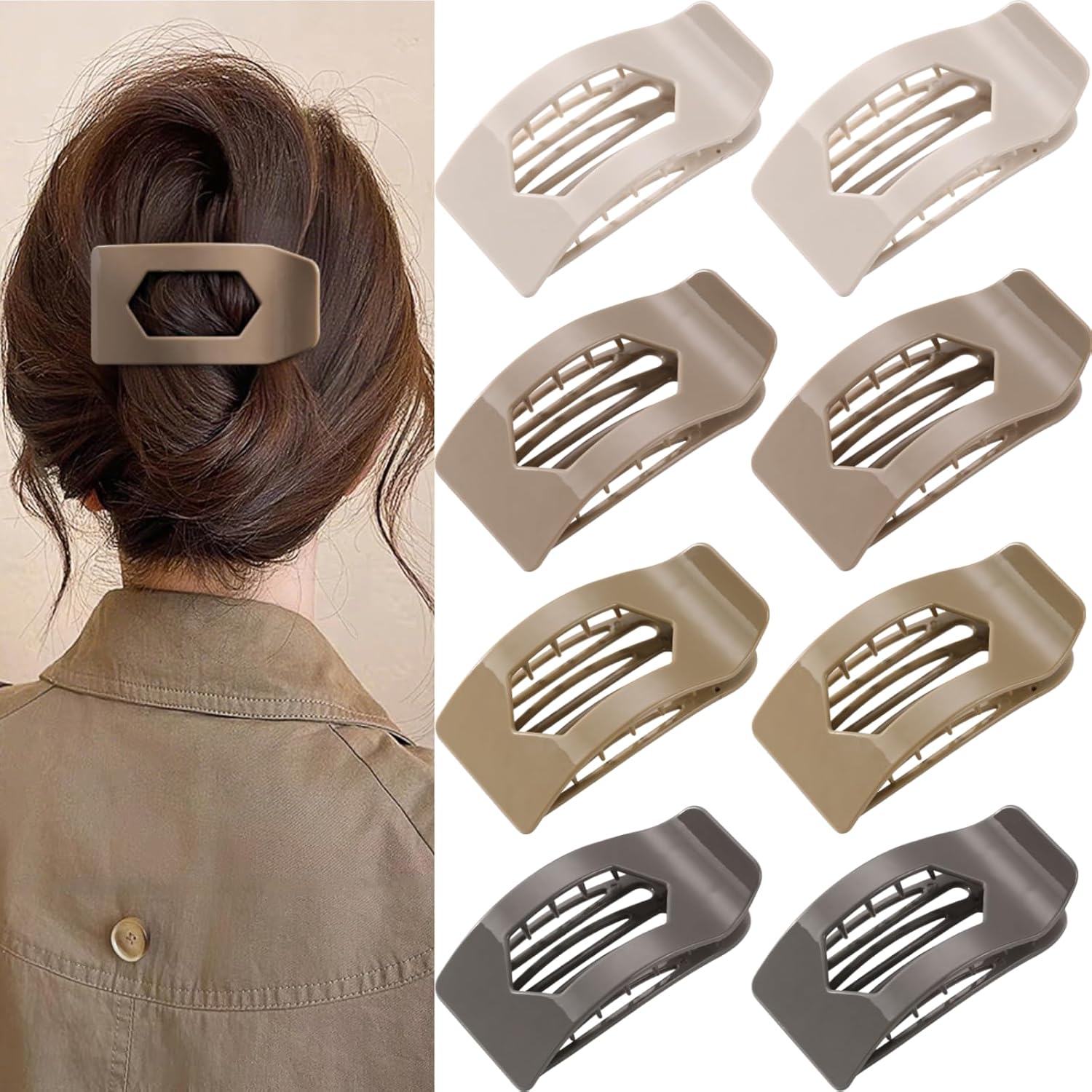 8 Pack Brown Flat Hair Clips for Women – Large Neutral Glossy No-Slip Rectangle Claw Clips for Thick & Thin Hair, Strong Hold Square Hair Accessories for Everyday Office or...
