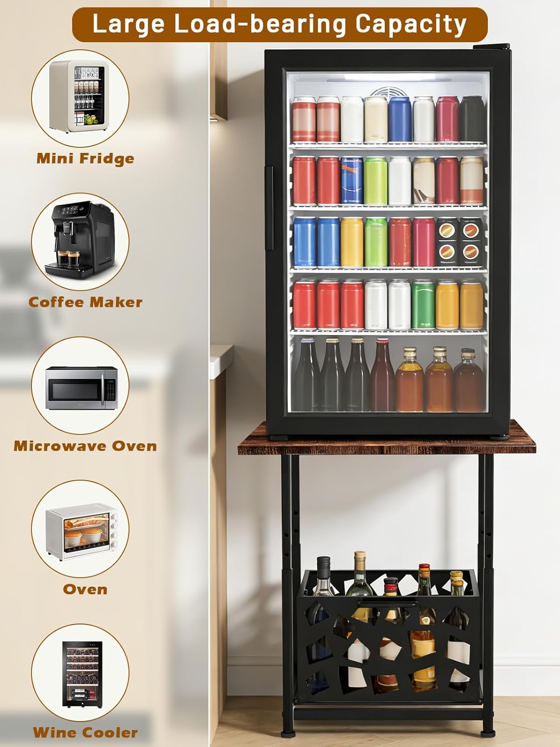 Mini Fridge Stand with Storage Basket 19.7", Beverage Refrigerator Stand with Wheels, Adjustable Height Mini Fridge Cabinet, Heavy Duty Fridge Table for Dorm, Office, Apartment, Kitchen (Brown)