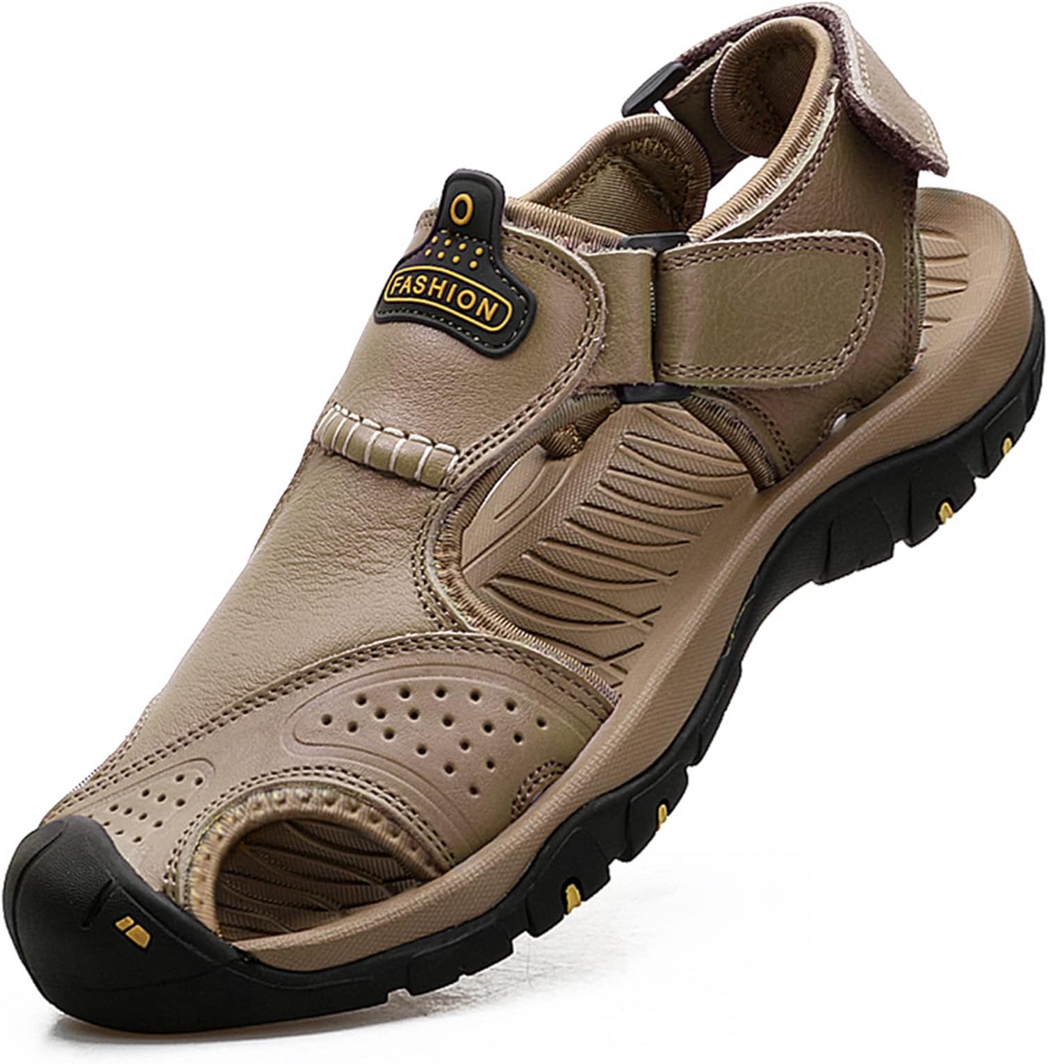 VISIONREAST Mens Leather Sandals - Outdoor Hiking & Waterproof Athletic Sports Sandals - Fisherman Beach Shoes with Closed Toe