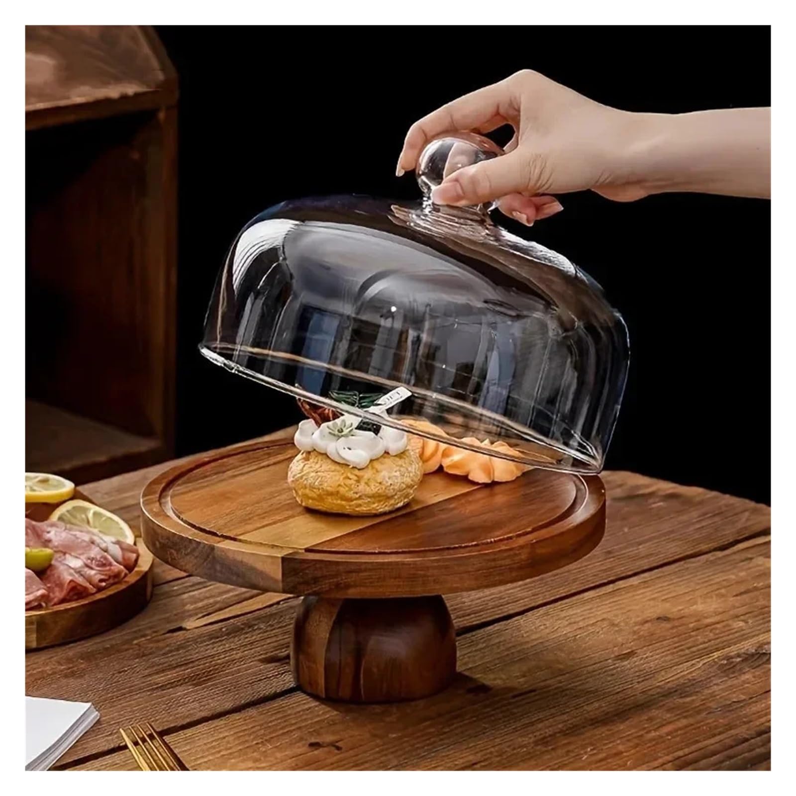 Support à gâteau en bois avec couvercle en verre et sans couvercle
