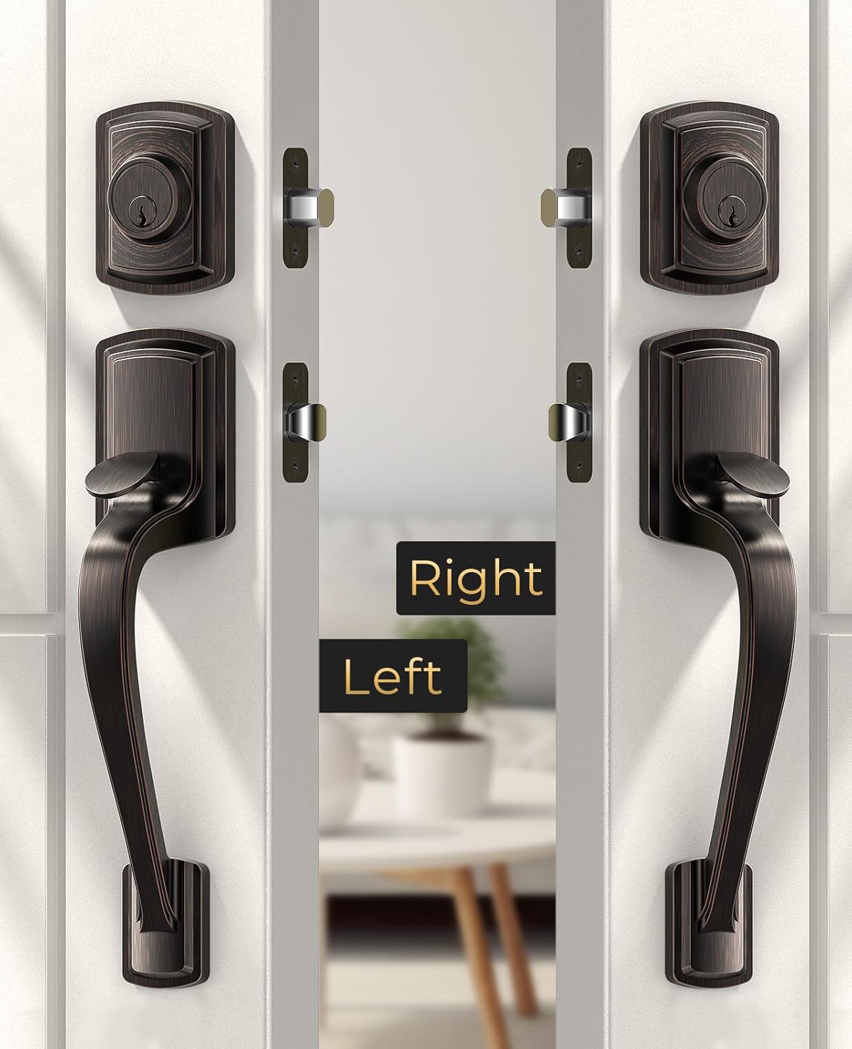Front Door Handle and Deadbolt Set for Right & Left, Front Door Lock Set with Single Cylinder Deadbolt, Entry Doors Locksets with Modern Exterior Handle, Reversible Lever, Oil Rubbed Bronze