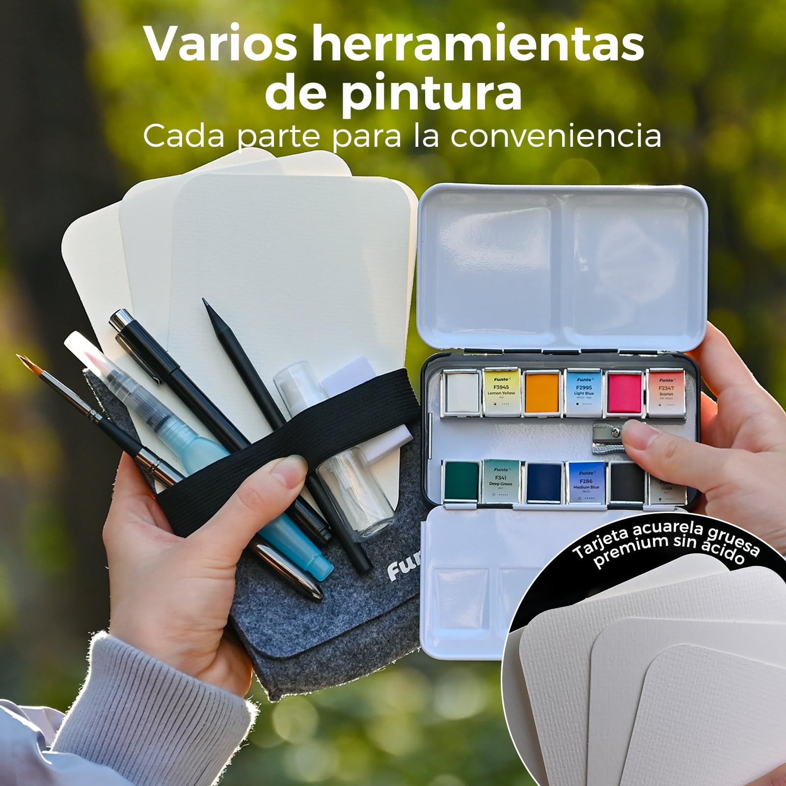 Funto Set de viaje de acuarela, 12 colores, 10 postales premium, pincel, pincel de tinta, bolígrafo fineliner, lápiz, conjunto de pintura para adultos, principiantes y artistas