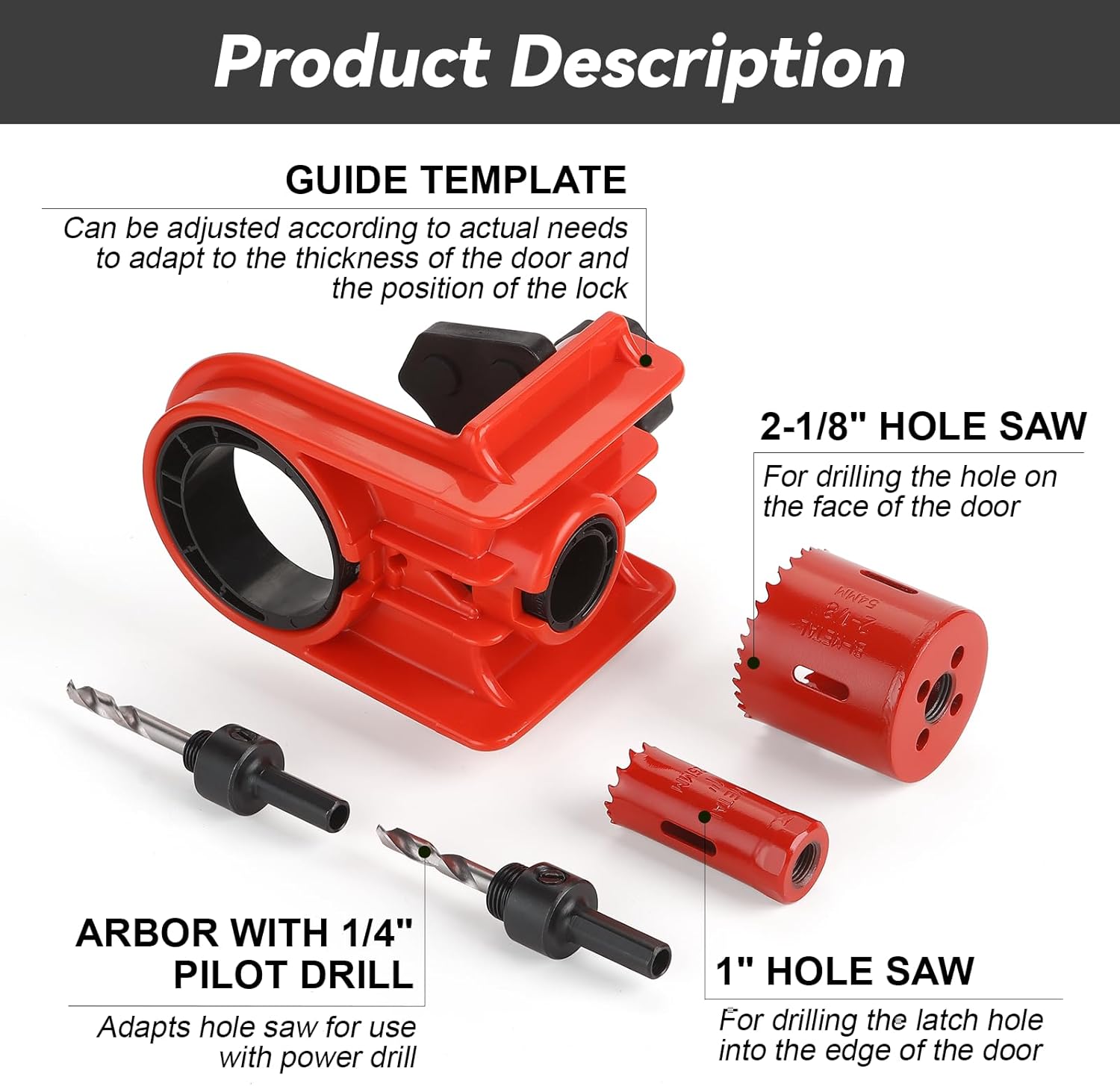 Door Lock Installation Kit - C-Clamp Design Tool-Free Clamping for Metal & Wood Doors, 2 Adjustable Bushings, with Hole Saw & Anti-Warp Backing Plates (Red)