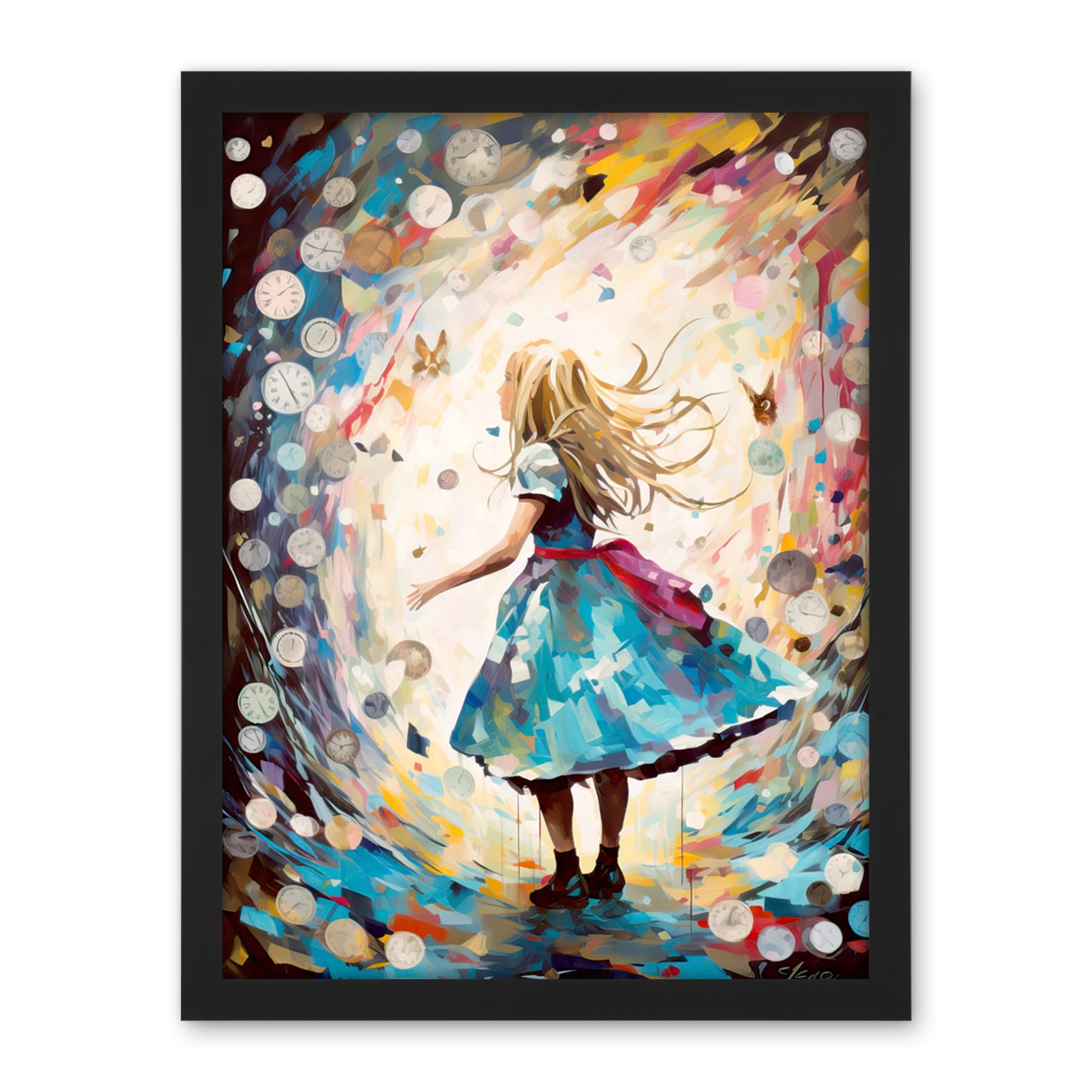Artery8 Alice in Wonderland Clocks Down the Rabbit Hole Artwork Framed Wall Art Print 18X24 Inch